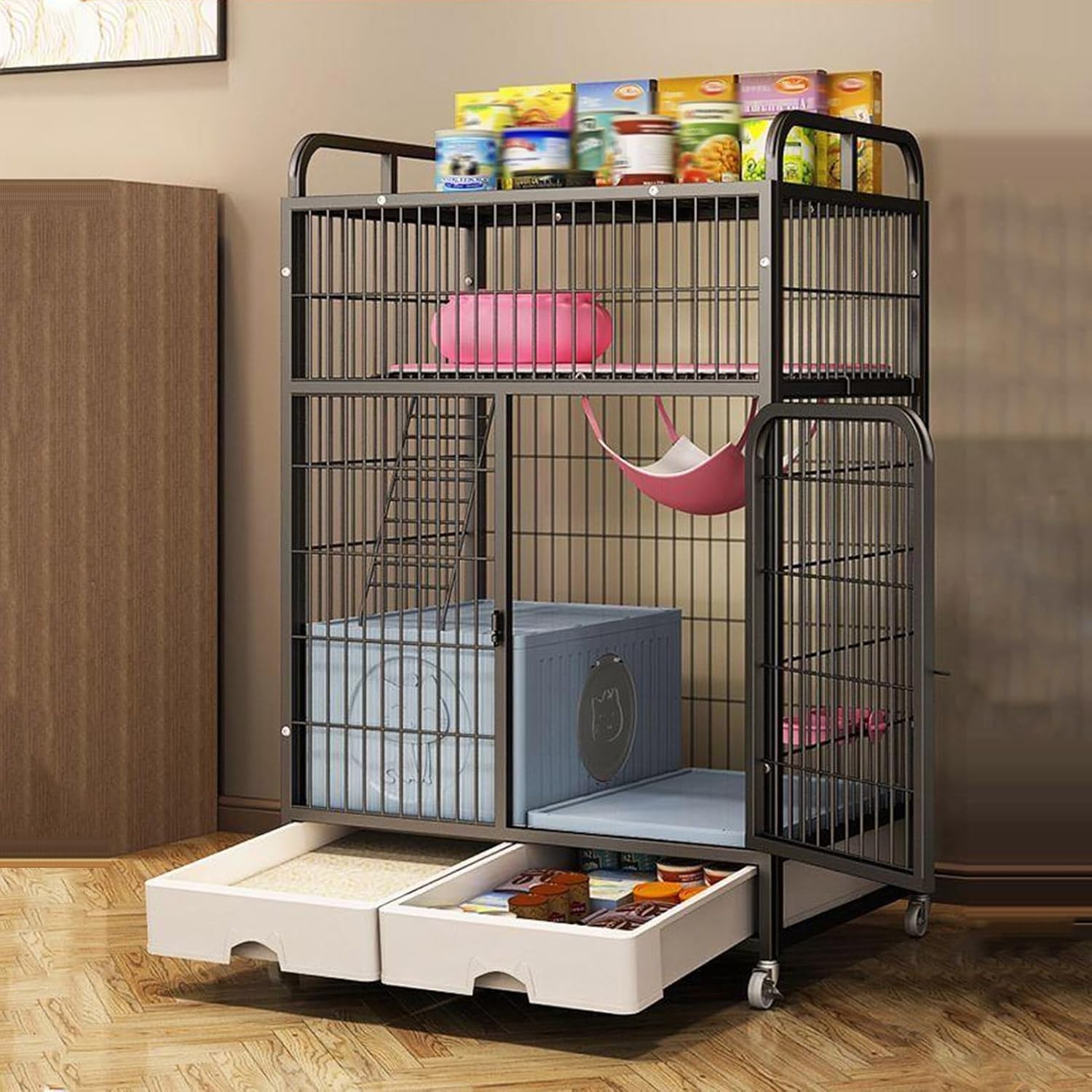 3-tier Cat Cage, Cat Playpen, Cat Enclosures, with Litter Box, with Storage, Universal Wheels, Metal Pet Playpen, 32.6x23.2x49.6in(Black)