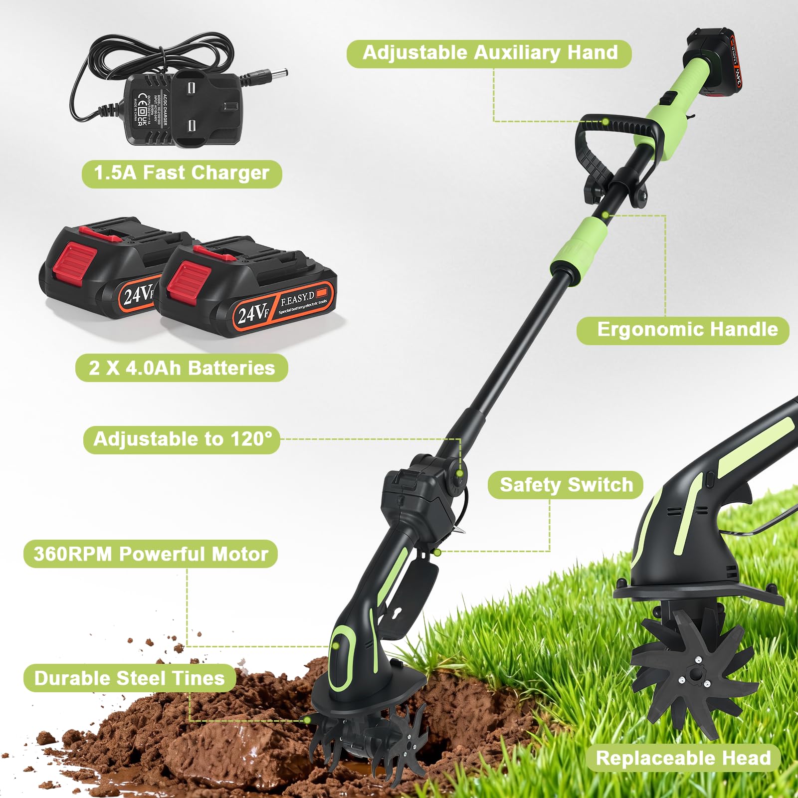 Bodenhacke Elektrisch, 21V Bodenhacke Elektrisch mit 2 Akkus 3000mAh Sternfräse Gartenfräse,10 cm Arbeitstiefe, 10 cm Arbeitsbreite, Gartenfräse Motorhacke für Auflockern, Bearbeiten und Kompostieren