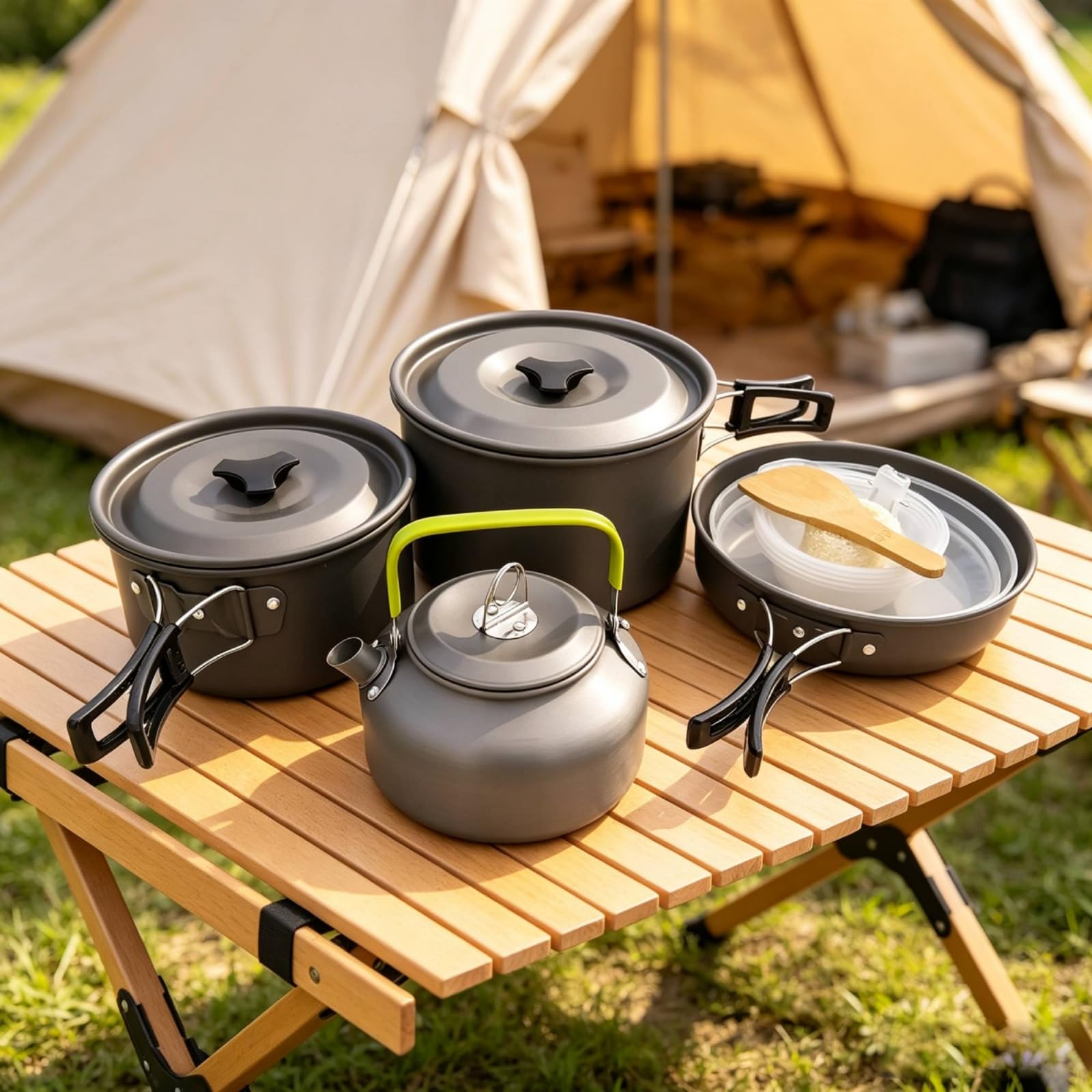 Baoblaze Ensemble Cuisson Camping avec Bouilloire Casserole Poêle Bols Plats Couverts pour Pique-nique Groupe Randonnée