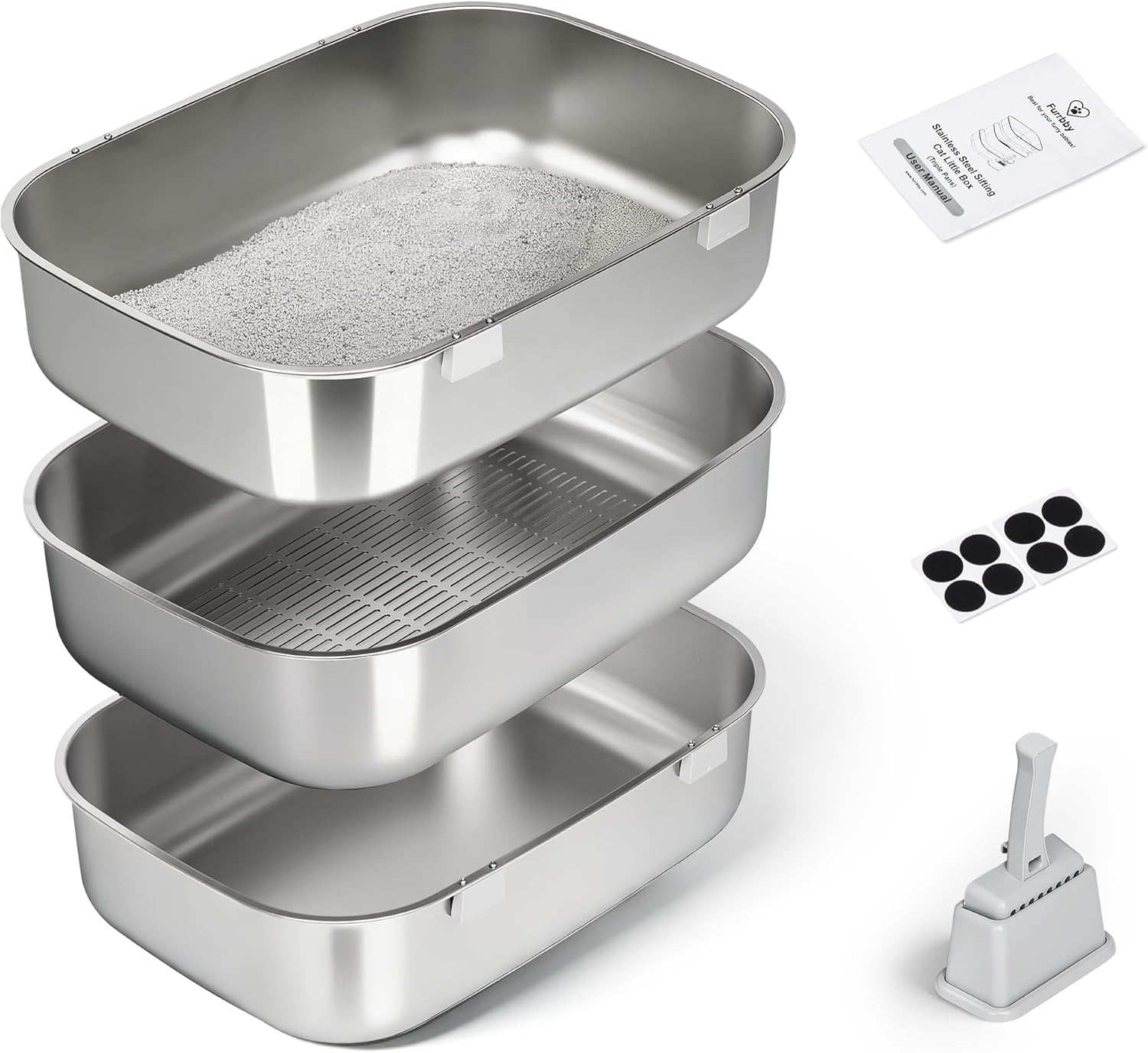 Triple Pan Stainless Steel Sifting Cat Litter Box, Large High Sided Metal Litter Box for Big Cats up to 20lbs, Odor-Free Non-Stick Easy Clean System, No Scooping Sifter Tray for Multi-Cat Homes