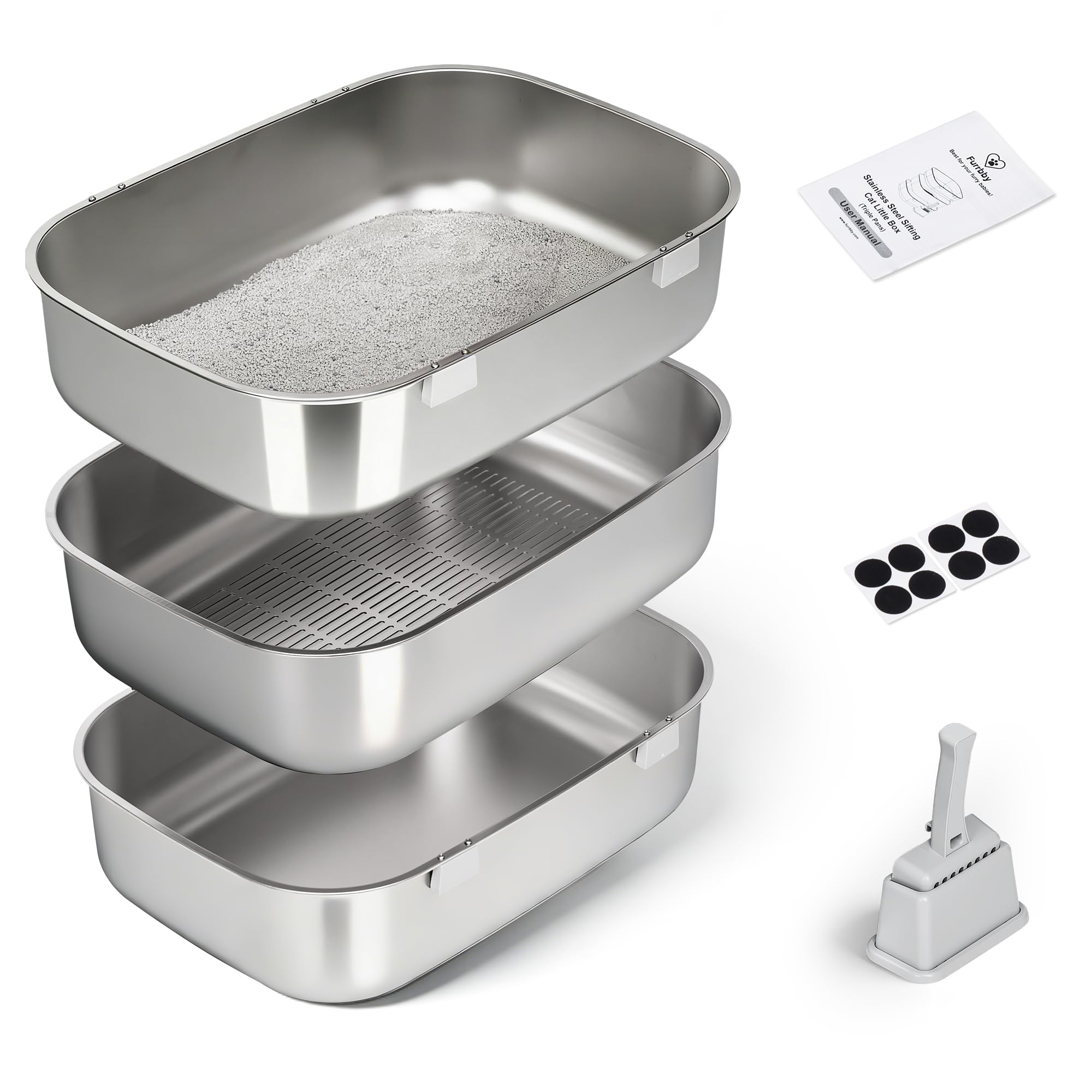 Triple Pan Stainless Steel Sifting Cat Litter Box, Large High Sided Metal Litter Box for Big Cats up to 20lbs, Odor-Free Non-Stick Easy Clean System, No Scooping Sifter Tray for Multi-Cat Homes