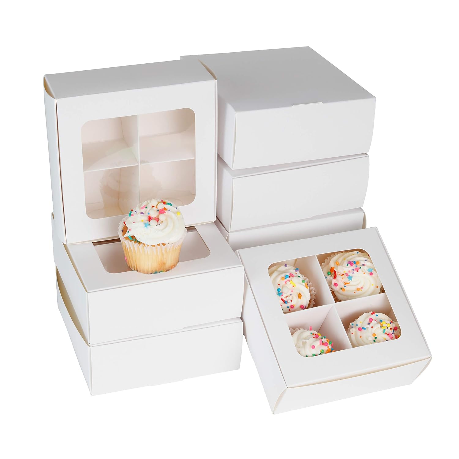 24-Pack Small Cookie Boxes for Packaging with Window and Dividers | 6x6x2.4 Inches | Four Compartment Treat Box for Charcuterie, Chocolate Covered Strawberries, Cookies, Candy, Brownies, and Small Treats for Gift Giving (White)