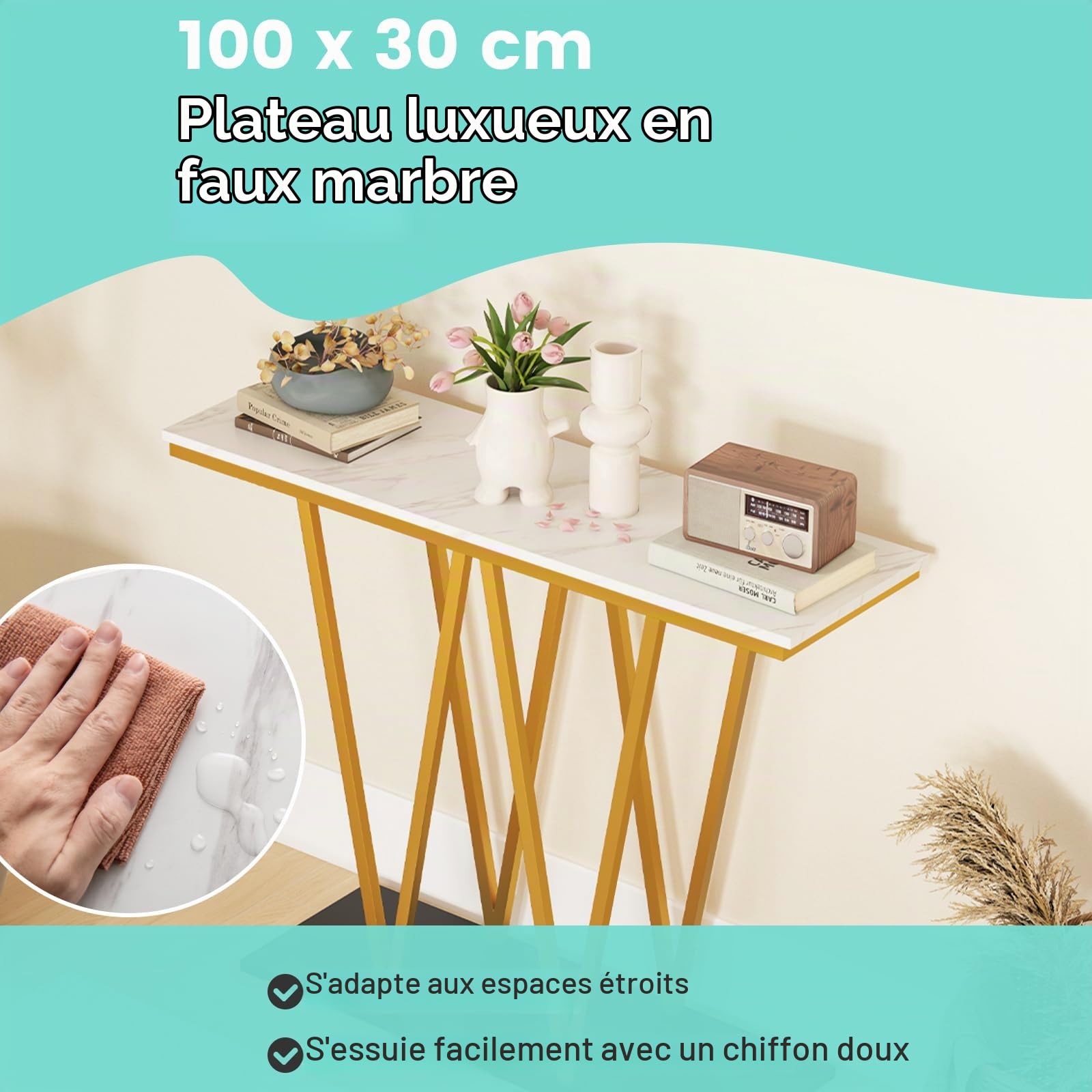 LIFEZEAL Table Console avec Plateau en Marbre Imité, Table d'Entrée Cadre en Métal, Meuble Console Moderne pour Salon, Entrée, Couloir, 100 x 30 x 79 cm (Style 3, Blanc)