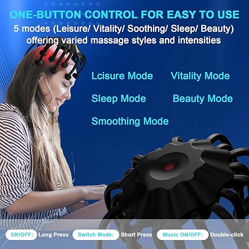 Miniatura 4 de iKeener Masajeador eléctrico de cabeza con luz roja, masaje de cabeza inalámbrico con 5 modos y 20 contactos de vibración para aliviar el estrés,