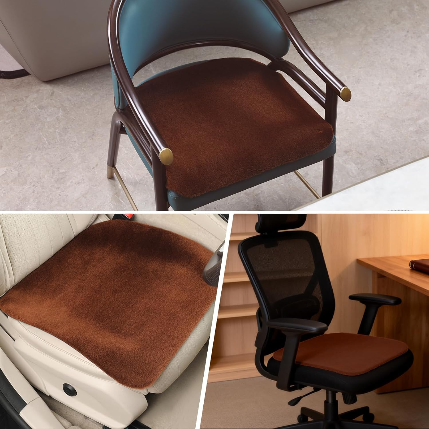Genuine Wool Car Seat Cushion 20 Inch, 11mm Short Pile Seat Pad with Non-Slip TPE Backing for Cars, SUVs, Trucks and Office Chairs, Brown