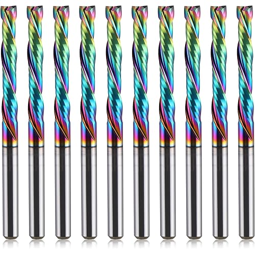 HOZLY 1/8 inch Shank Compression CNC Router Bits Spiral End Mill Wood Cutters 10 PCS, DLC Coating Compression CNC Spiral Bits 1/8 Cutting Dia, 22mm CEL, 2 Flutes Up &Down Cut Carbide End Mills