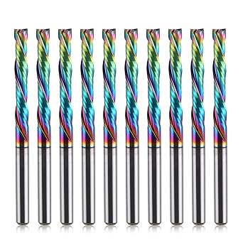 1/8 inch Shank Compression CNC Router Bits Spiral End Mill Wood Cutters 10 PCS, DLC Coating Compression CNC Spiral Bits 1/8 Cutting Dia, 22mm CEL, 2 Flutes Up &Down Cut Carbide End Mills