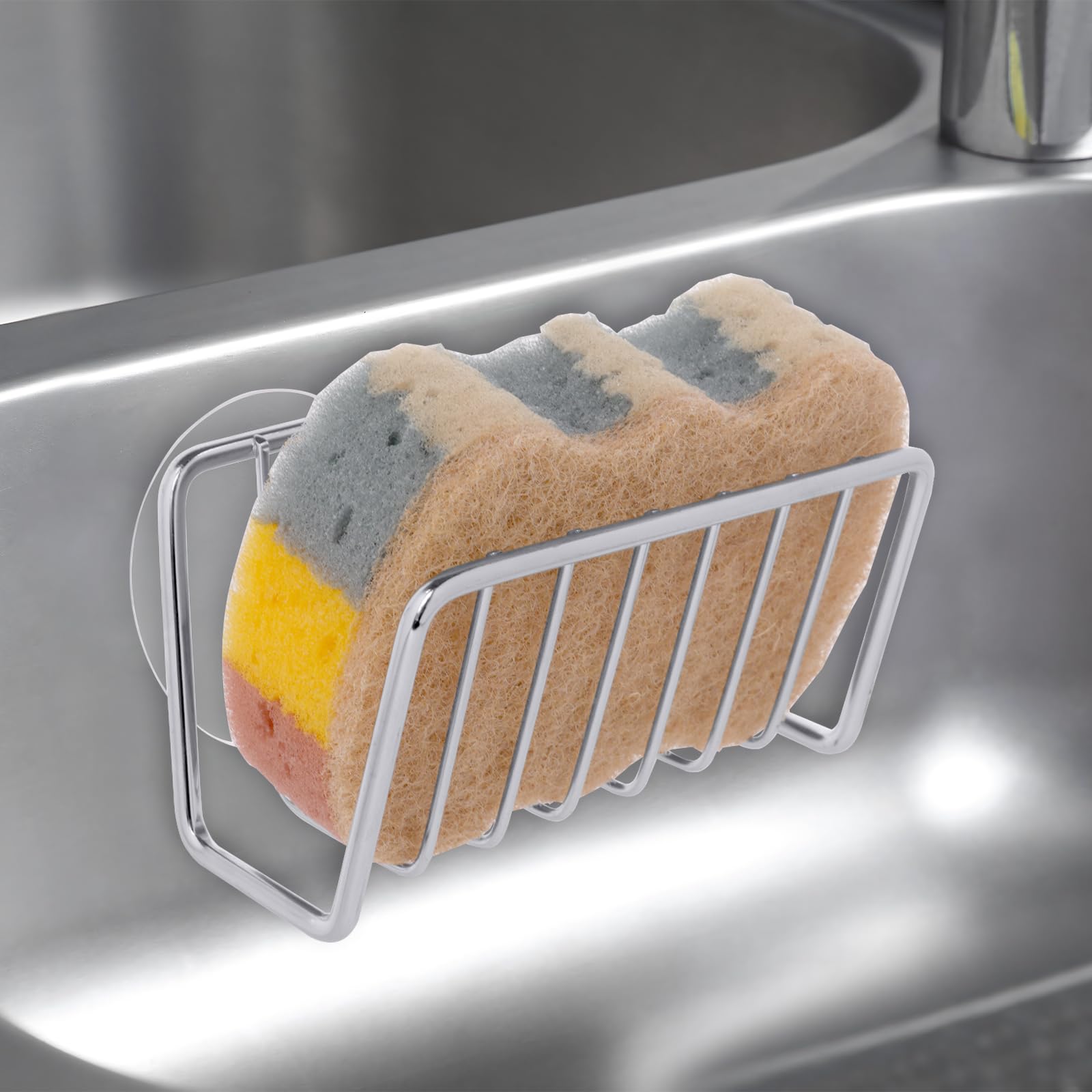 Apradas Kitchen Sink Sponge Holder, Sponge Holder & Dish Sponge, Kitchen Sponge Holder with 2 Strong Suction Cups, for Sponge Brush Dishcloth (Silver)