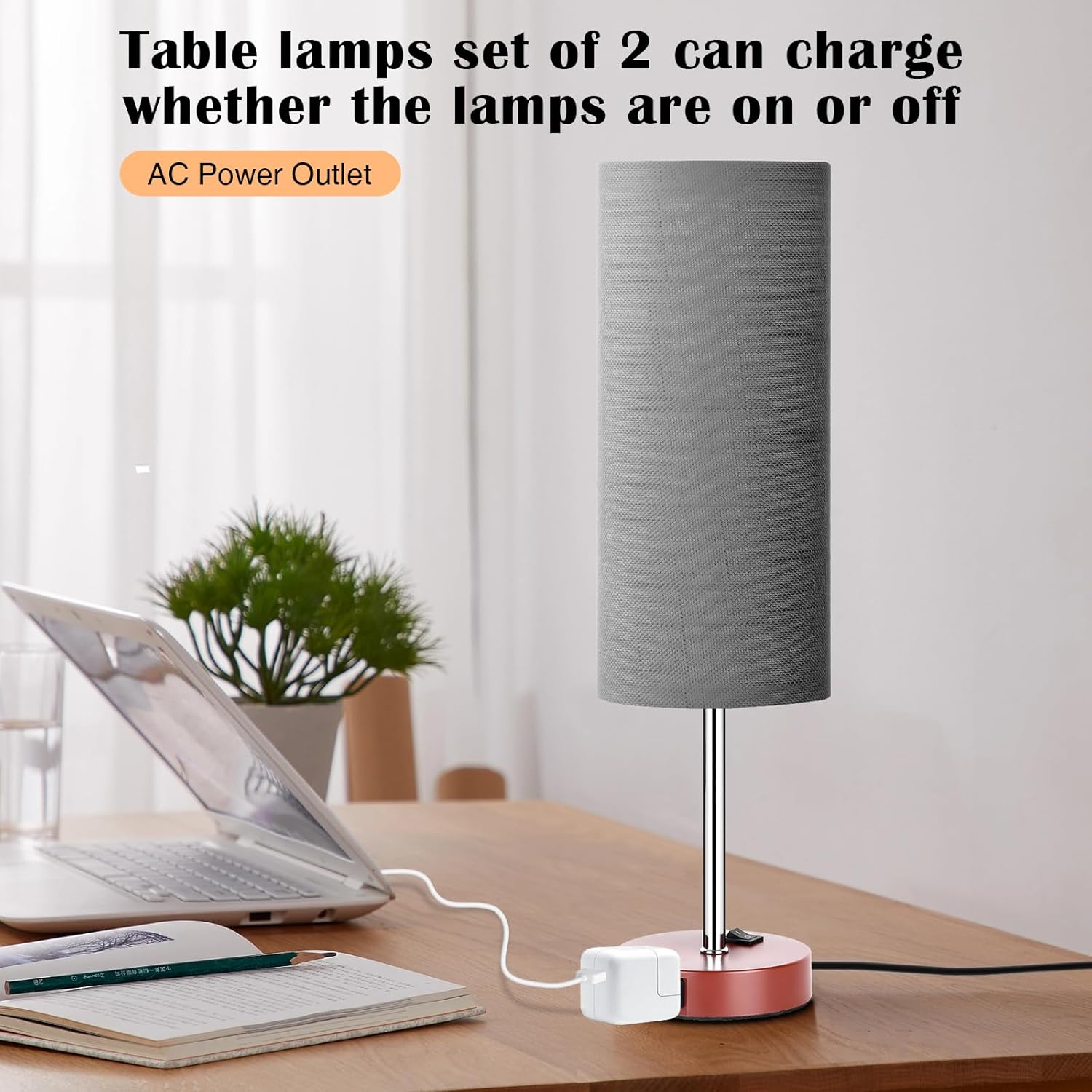 ZJOJO Table Lamp for Bedroom 2 Pack,18in Bedside Lamps with 3 Way Dimmable Rocker Switch & AC Outlet,Nightstand Desk Lamp with Gray Fabric Shade Brown Base for Living Room Home Decor Lights