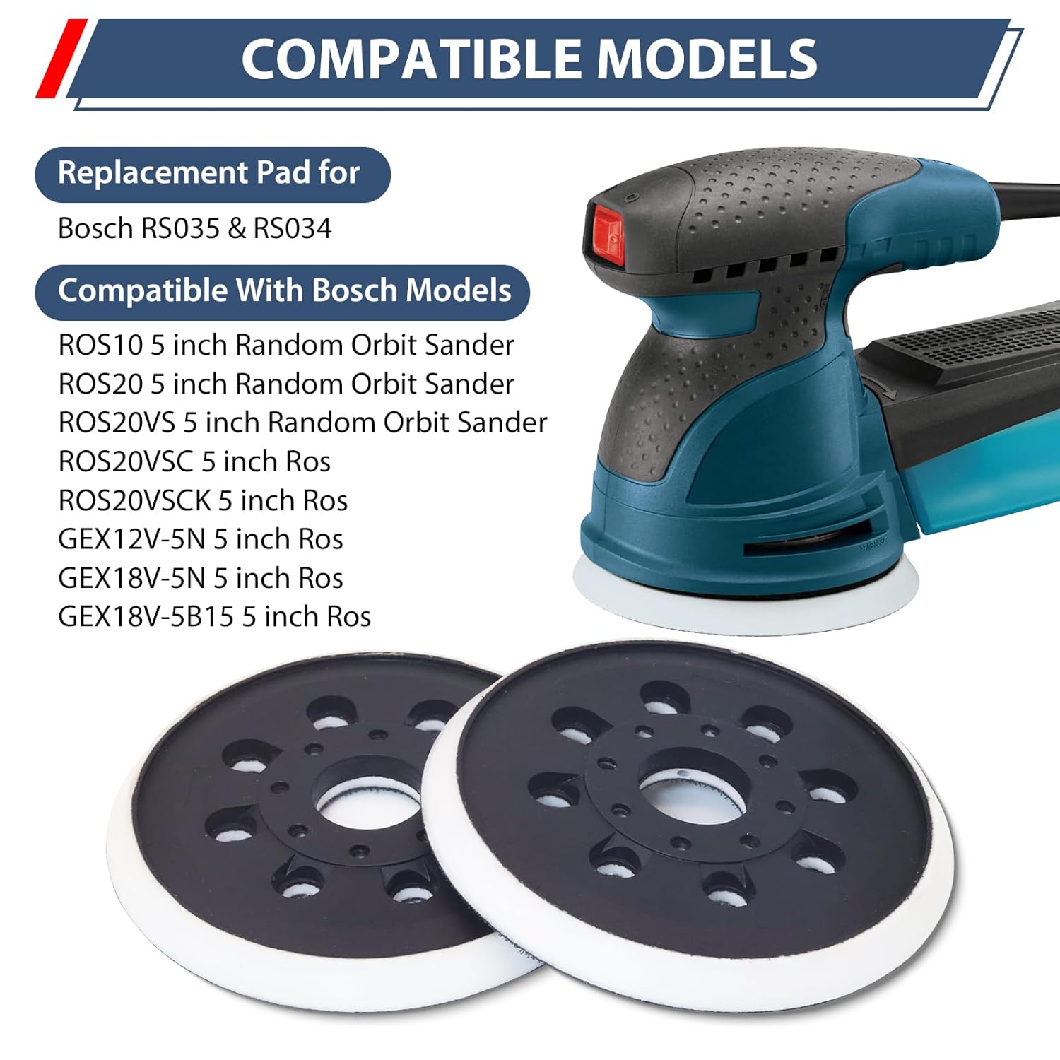 5 Inch Sander Pad for Bosch,2 Pack Hook-and-Loop Sander Replacement Pad for Bosch RS034 & RS035, Compatible with ROS20 ROS20VS ROS20VSC ROS20VSK GEX12V GEX18V ROS10 Orbital Sander