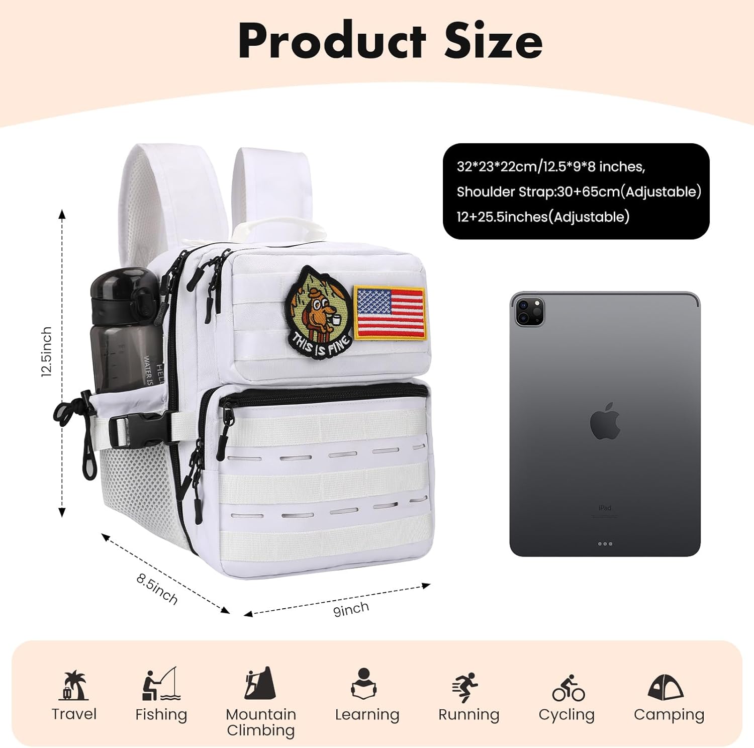 9L Mini Tactical Backpack for Men Women,Small Military Tactical Backpack for Gym,Hiking,Camping,Cycling (White) - Image 2