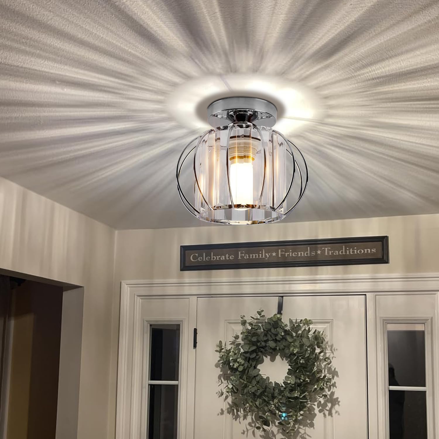 TISLYCO Modern Semi Flush Mount Ceiling Light Fixture, Mini Crystal Chandelier Light, Chrome Small Ceiling Lamp Indoor Lighting for Entryway Bedroom Bathroom Hallway Closet Foyer Living Room
