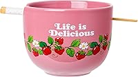 Vista 2 de Silver Buffalo Strawberry Shortcake - Tazón de cerámica vintage para ramen con palillos, apto para microondas, 20 onzas