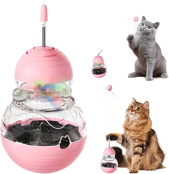 COSOWO Cat Interactive Toys Engaging Wand, Slow Food Treat Dispenser, and Tumbler Design for Indoor Cats Durable, Non-Toxic, Ideal for Exercise and Boredom Relief Gift for Kitten, Pink
