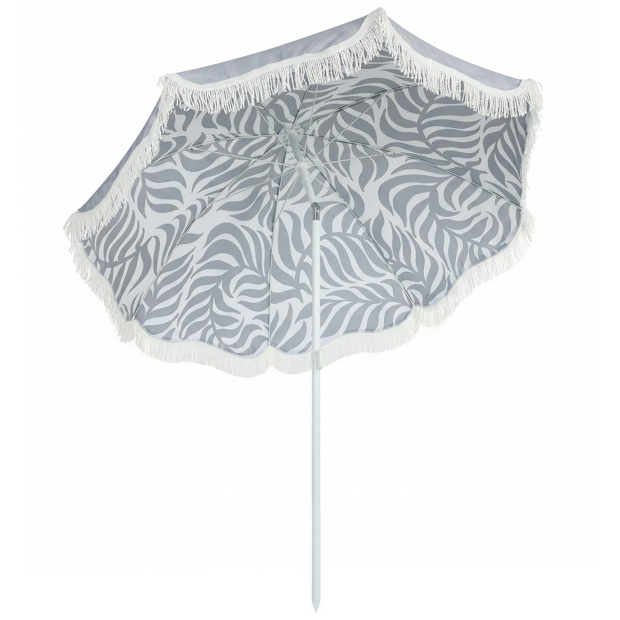 Outsunny 1.8 m Beach Umbrella Parasol with Sand Anchor, Portable 30° Tilting Fringed Garden Parasol Patio Sun Shade with Adjustable Height, Carry Bag, UV Protection, Leaf Print, Light Grey