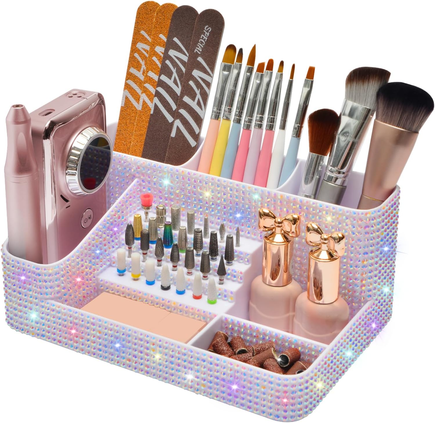 ANRUI Nail Drill Bit Holder, 28 Holes Plastic Nail Drill Machine & Bits Storage Case, Professional Nail Desk Organizer for Manicure Tools Gift for Women and Girls- Sparkling Diamond
