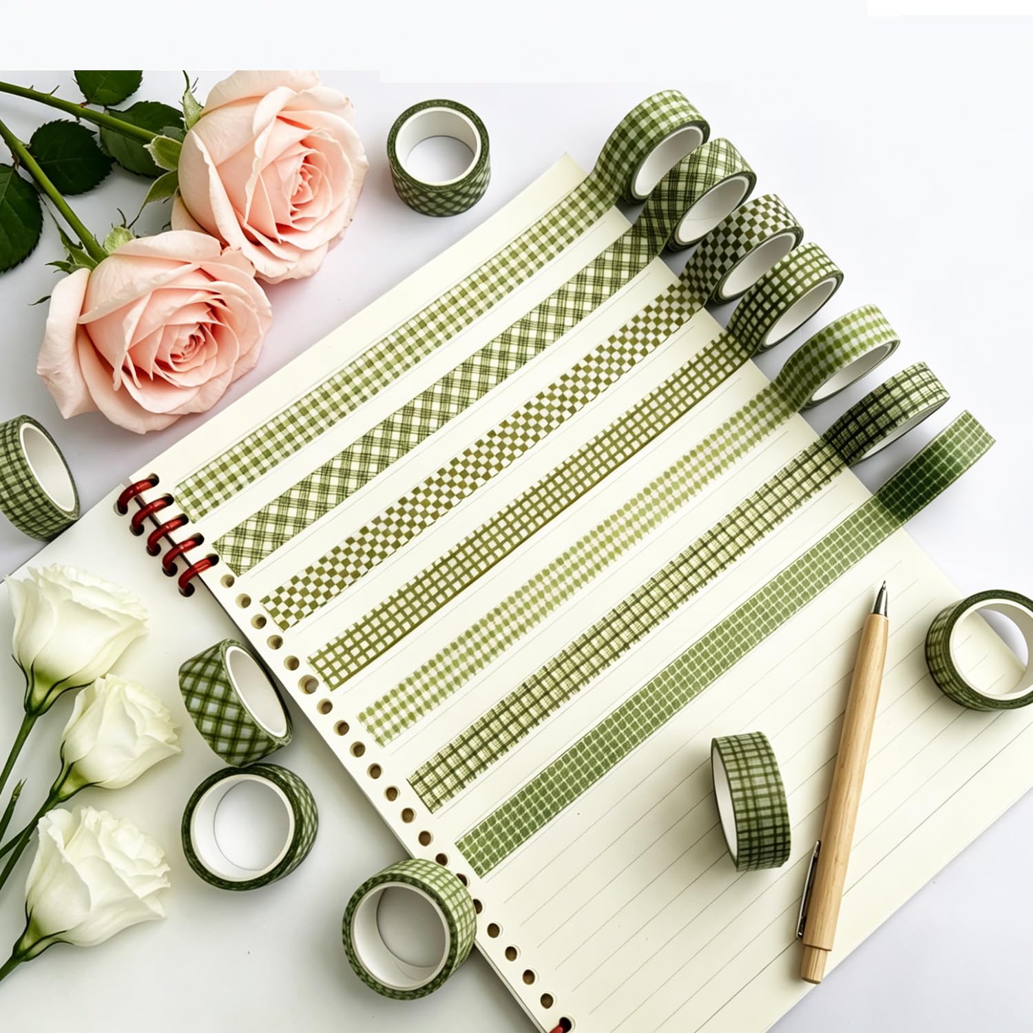 Vintage Green Plaid Washi Tape Set, 15mm Wide for Journaling & Crafts image 2