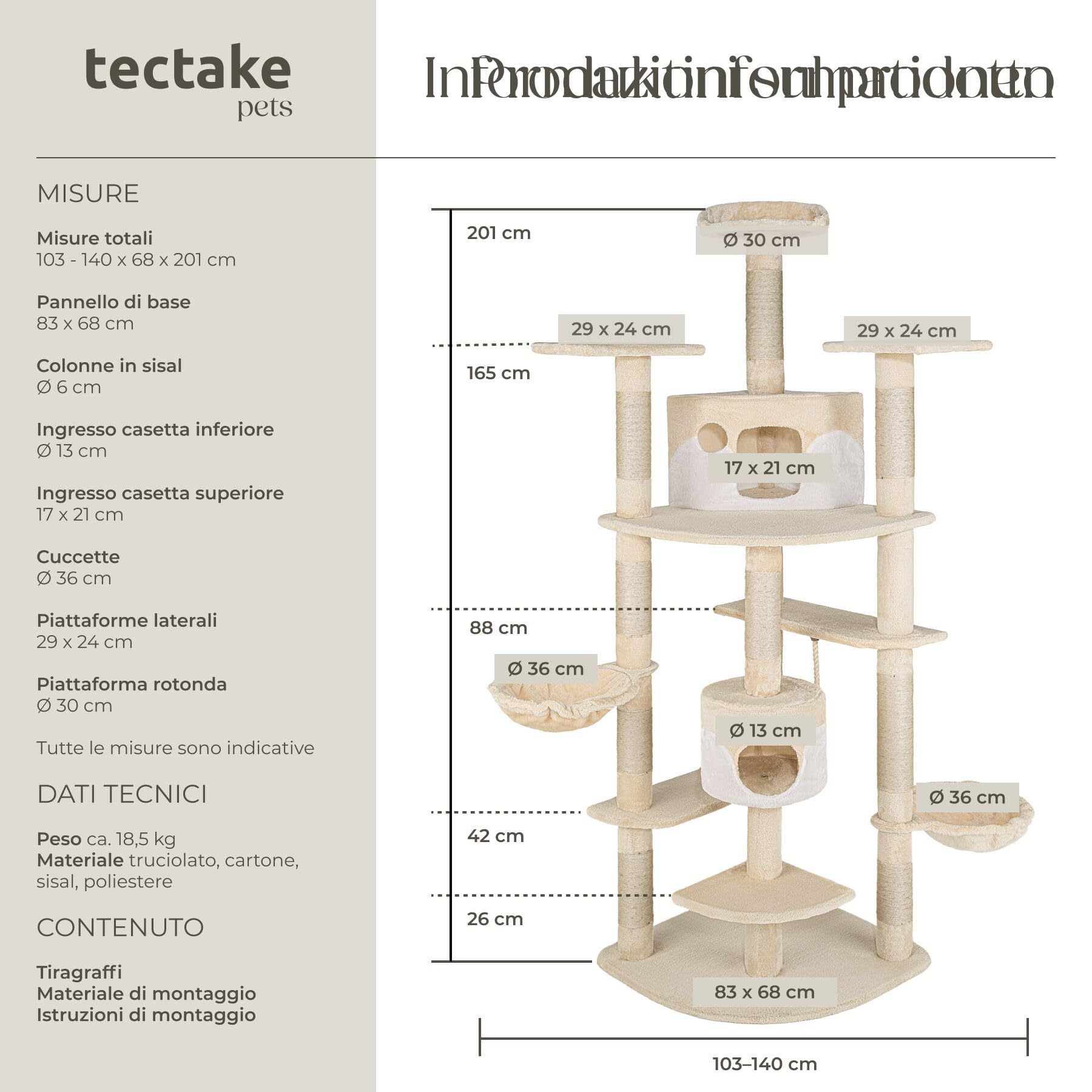 tectake® Tiragraffi per Gatti, Albero con 2 Casette, 4 Piattaforme, Tiragraffi con Amaca per Gatti, Albero con Conche Orientabili e Cordicella per Gioco - 201 cm - Beige/Bianco