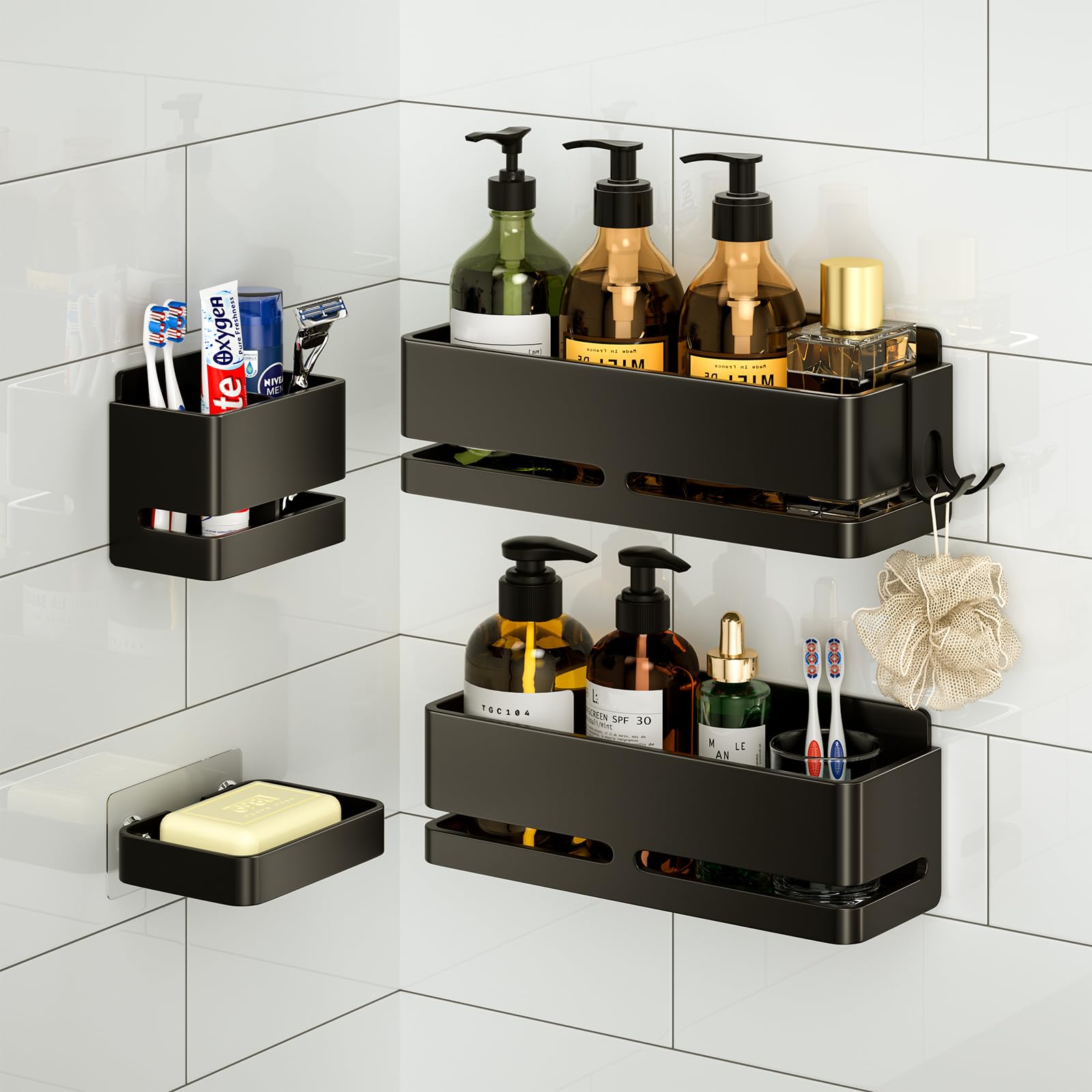 YESENT Bathroom Storage Rack (5-piece set), wall-mounted shelf with soap dish and toothbrush holder, no drilling required, ideal for bathroom storage and also suitable for kitchen (Black)