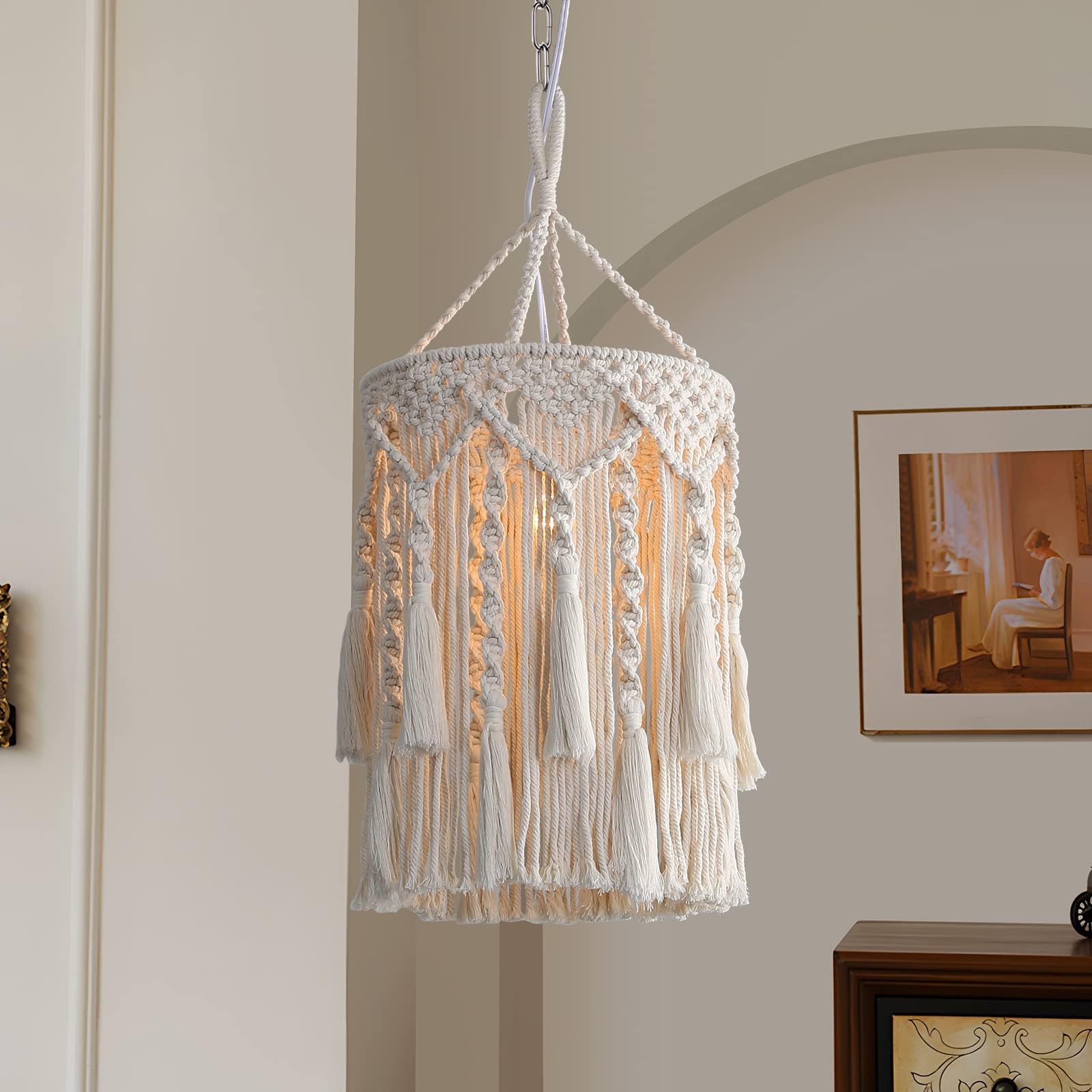 Lampadario Soggiorno Boho in Tessuto, Lampada a Sospensione E27 Lampadario Boho Intrecciato Fatto a Mano per Soggiorno, Camera da Letto, Lavabo Cucina 75 * 30cm
