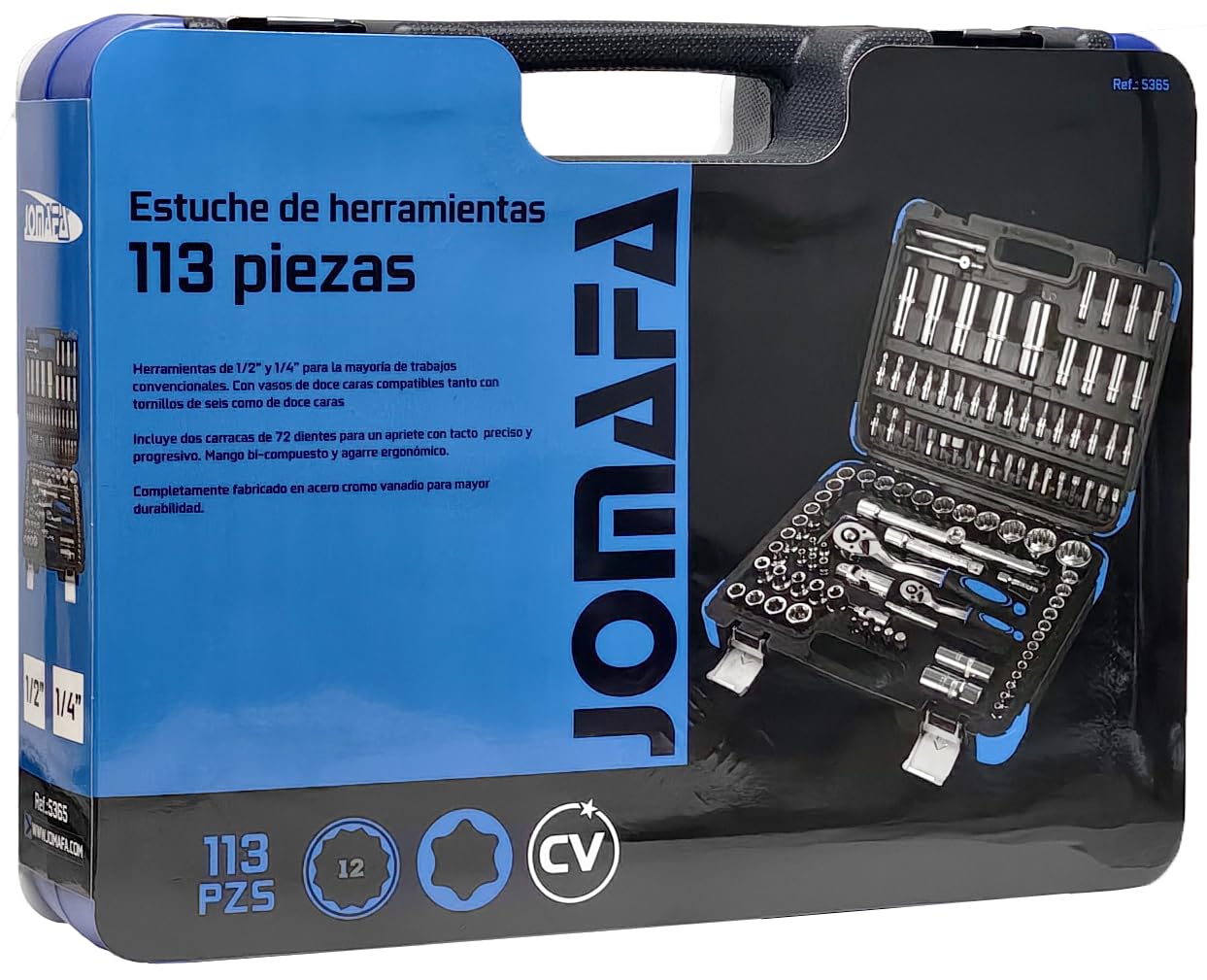 JOMAFA ESTUCHE DE HERRAMIENTAS CON LLAVES DE VASO, CARRACAS Y PUNTAS 1/2 Y 1/4. 113 PIEZAS