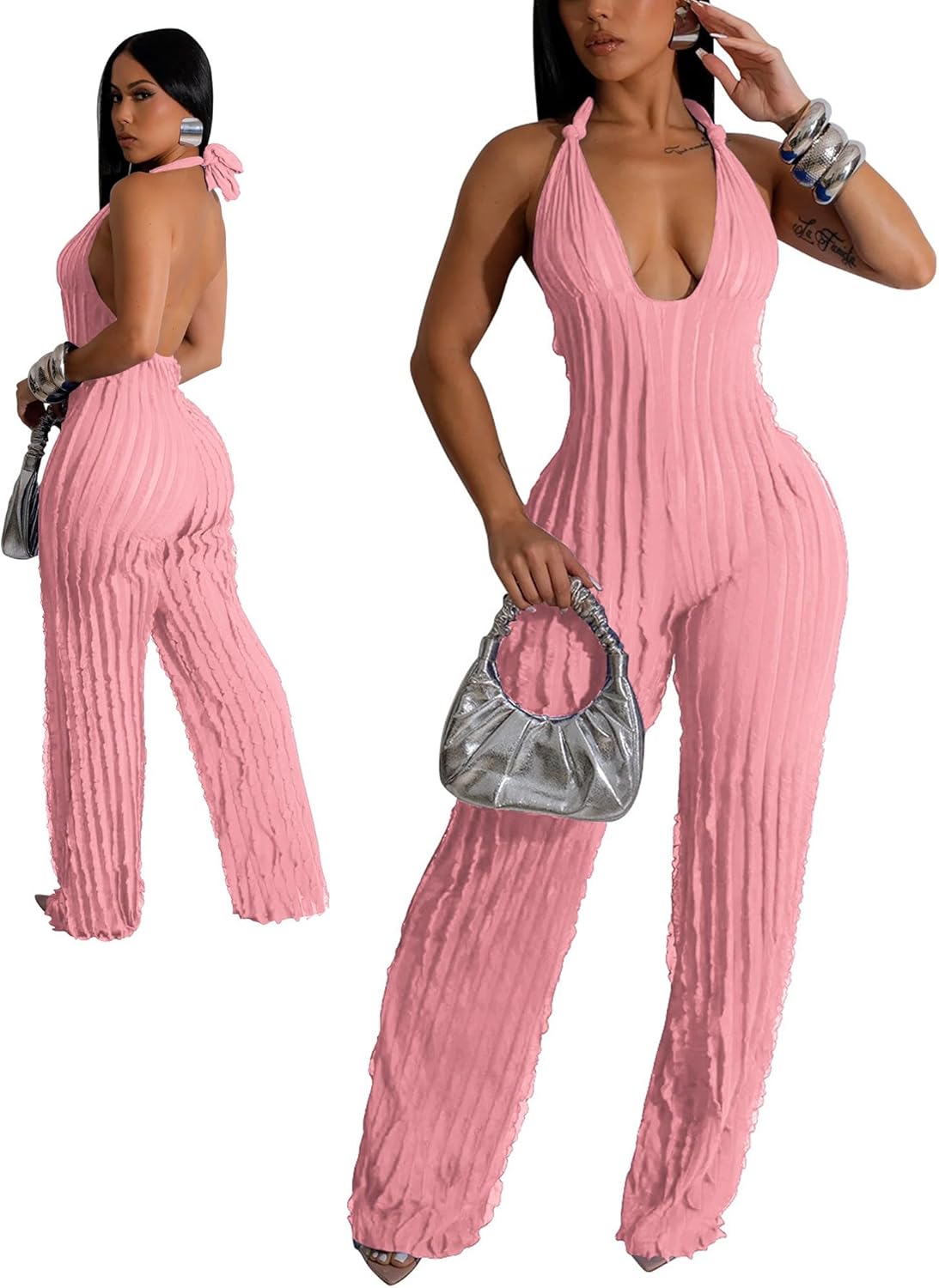 Doweha Sexy Summer Halter jumpsuits for women Dressy 2025 backless V Neck wide leg long pants jumpsuit Romper club outfit