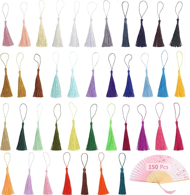 VEGCOO 150 Pcs Silky Tassels 40 Colours Handmade Bookmarks Pendant Black Tassels Decoration Red Tassel with Cord Loop for Jewellery Making DIY Craft Accessory