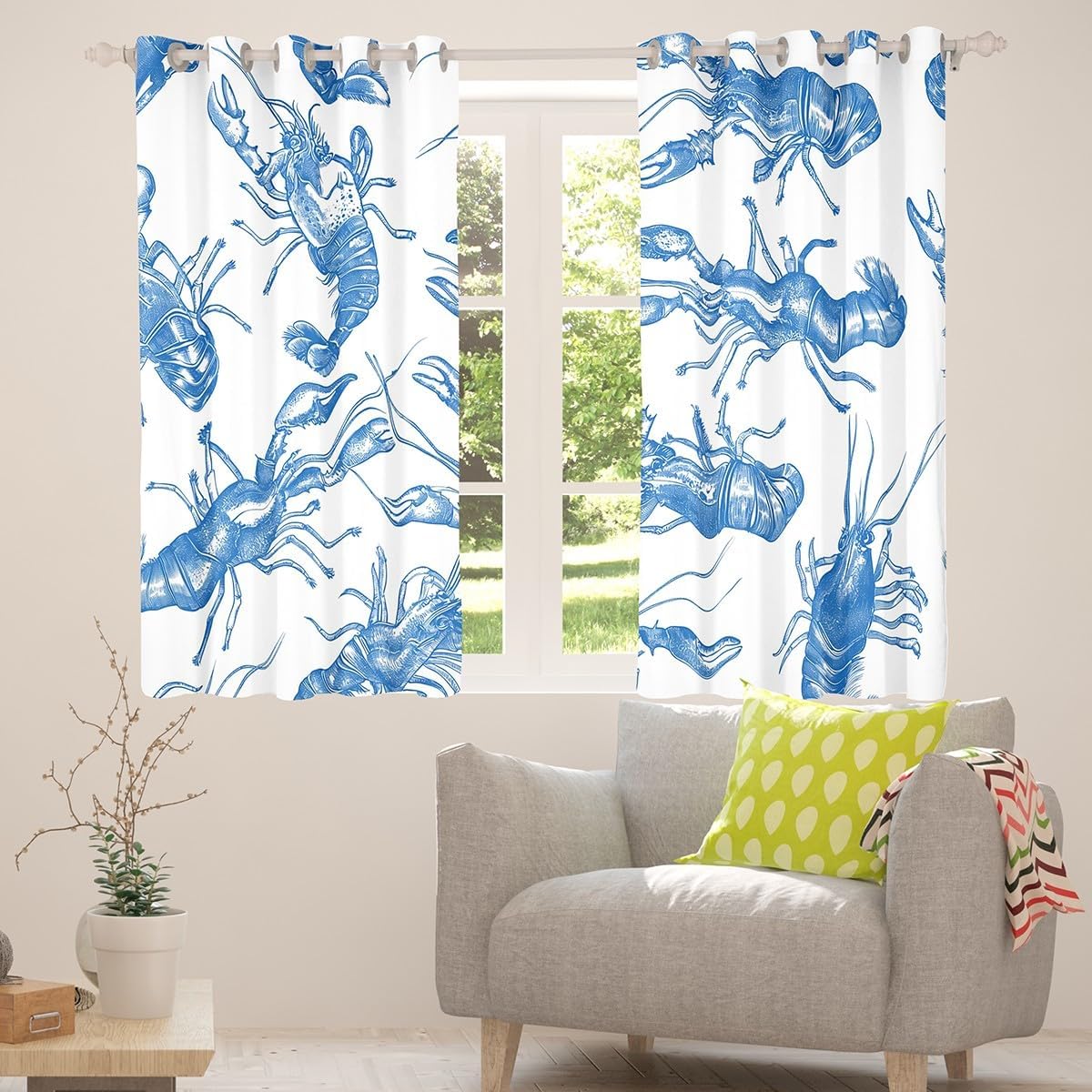 Lobster Kids Window Curtains,Underwater World Sealife Marine Creature Window Drapes for Boys Girls,Hand Drawn Sketch Ocean Animal Blue White Window Treatments Grommet Top 2 Panel Set,38Wx333L inch