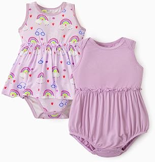 PATPAT Baby Girl Bamboo Viscose 2-Pack Romper & Dress | Color-Coded Snaps for Easy Diaper Changes, Super Soft & Breathable Fabric, Stretchy to Fits Longer