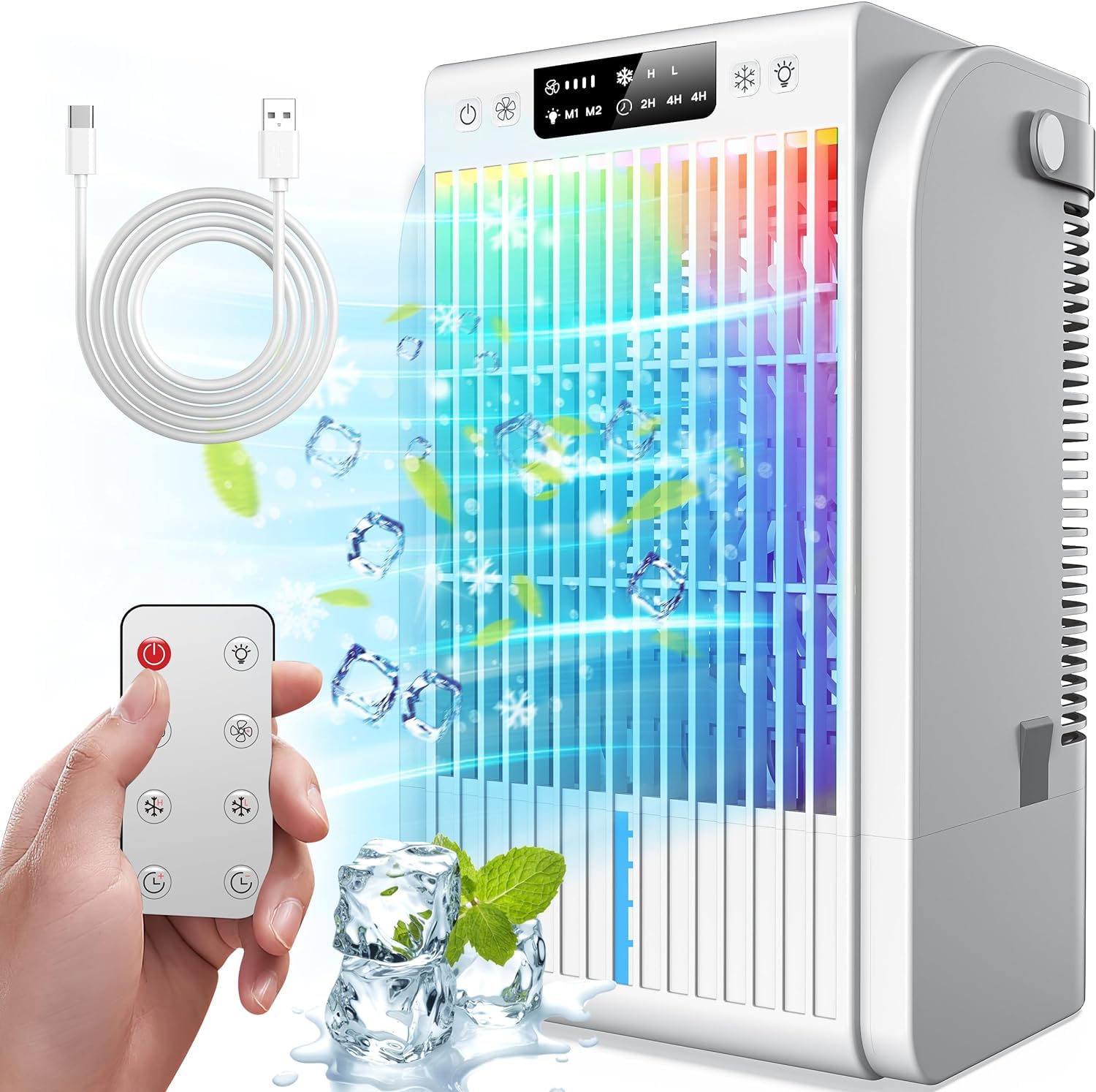 Portable Air Conditioners Fan,Portable AC Unit With 1500ML Water Tank,4-IN-1 Evaporative Air Cooler with Remote Control 7 Color Light Personal Mini Air Conditioner Portable for Room Office (White)