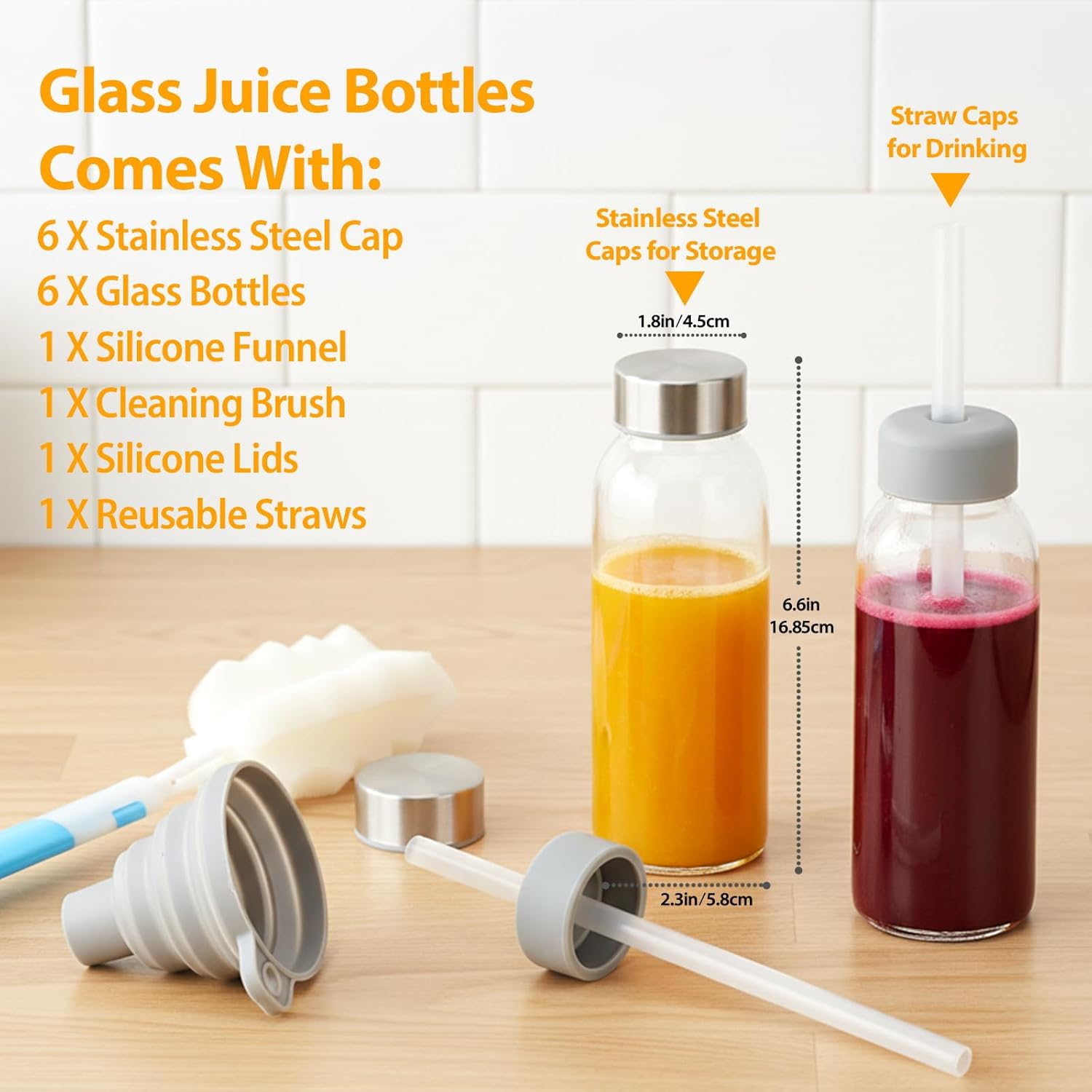 Sursip 10 oz Glass Juice Bottles, 6 Pack with Stainless Steel Lids – Reusable Small Glass Bottles for Smoothies, Iced Tea & Milk – Leak-Proof, BPA-Free, Dishwasher Safe