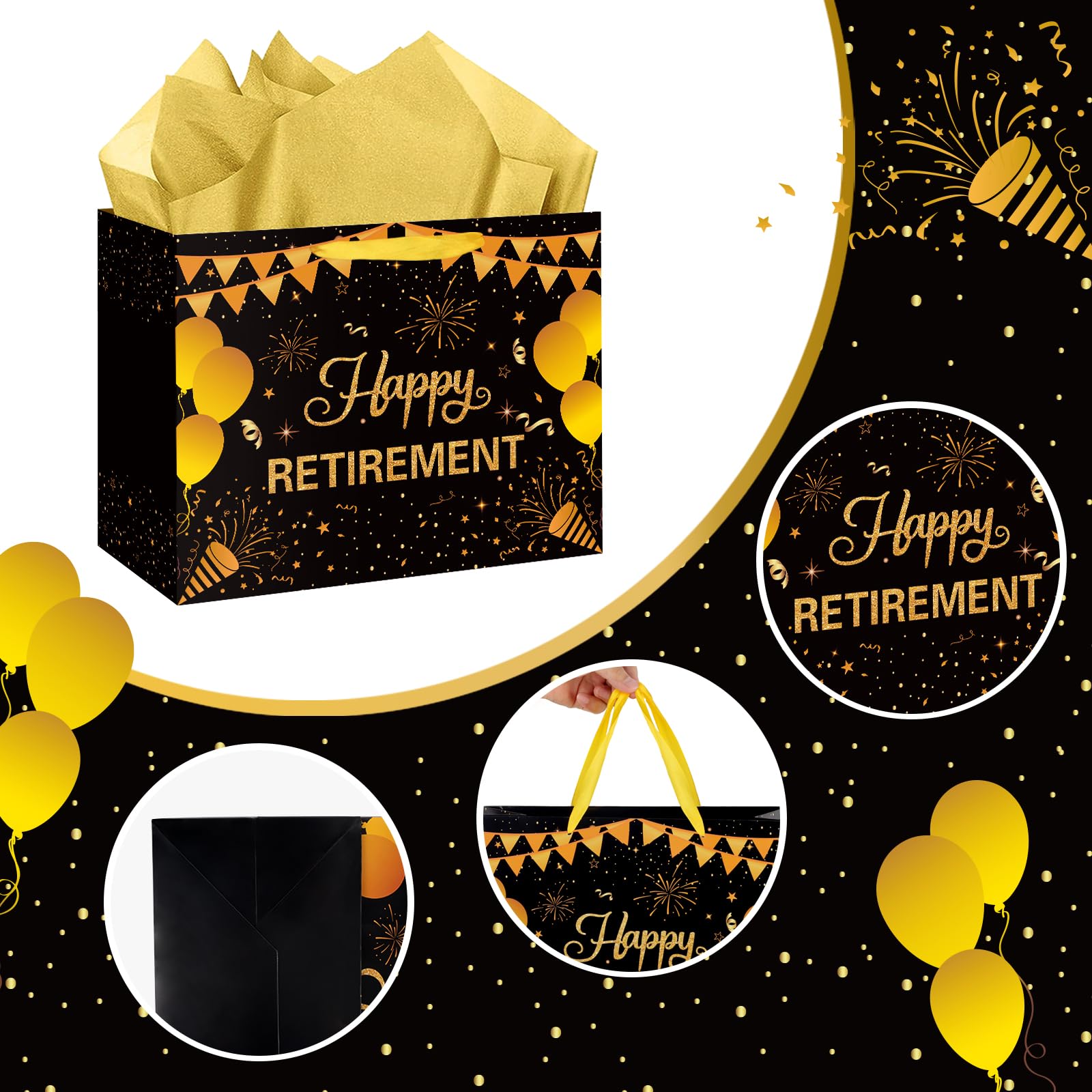 Hooqict Large Retirement Gift Bag Black Gold Happy Retirement Party Gift Bag with Handles, Wrapping Paper, Greeting Card for Men Women Coworker Teacher Farewell Going Away Party Favors