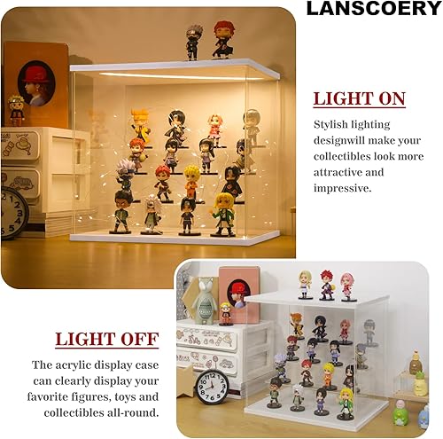 Miniatura 7 de LANSCOERY Vitrina acrílica con luz LED, organización transparente de 4 niveles, caja de exhibición blanca a prueba de polvo, escaparate exclusivo