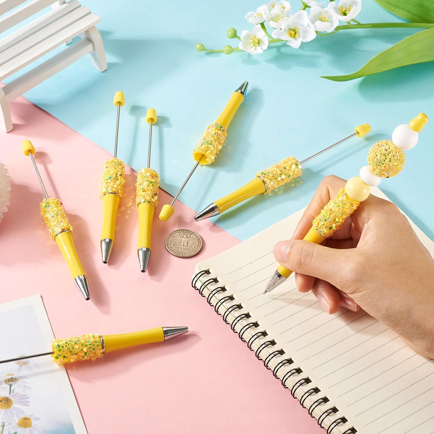 KISSITTY 8pcs Glitter Beadable Pens Yellow Colorful Ball Point Pens DIY Personalized Bead Pens for Pen Making Students Teacher Wedding Graduation Party Gift Office Supplies image 2