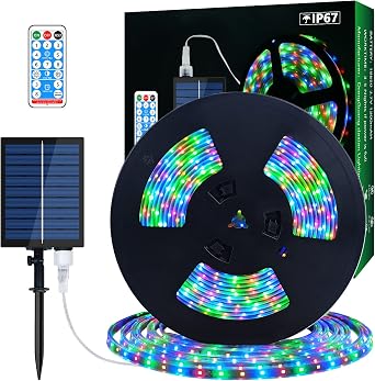MIHEAL Solar LED Strip Lights Outdoor, 32.8ft 560 LEDs Solar Powered Mult-Color Changing LED Strip with 8 Lighting Modes IP67 Waterproof Decorative Rope Lights for Yard Trees Garden