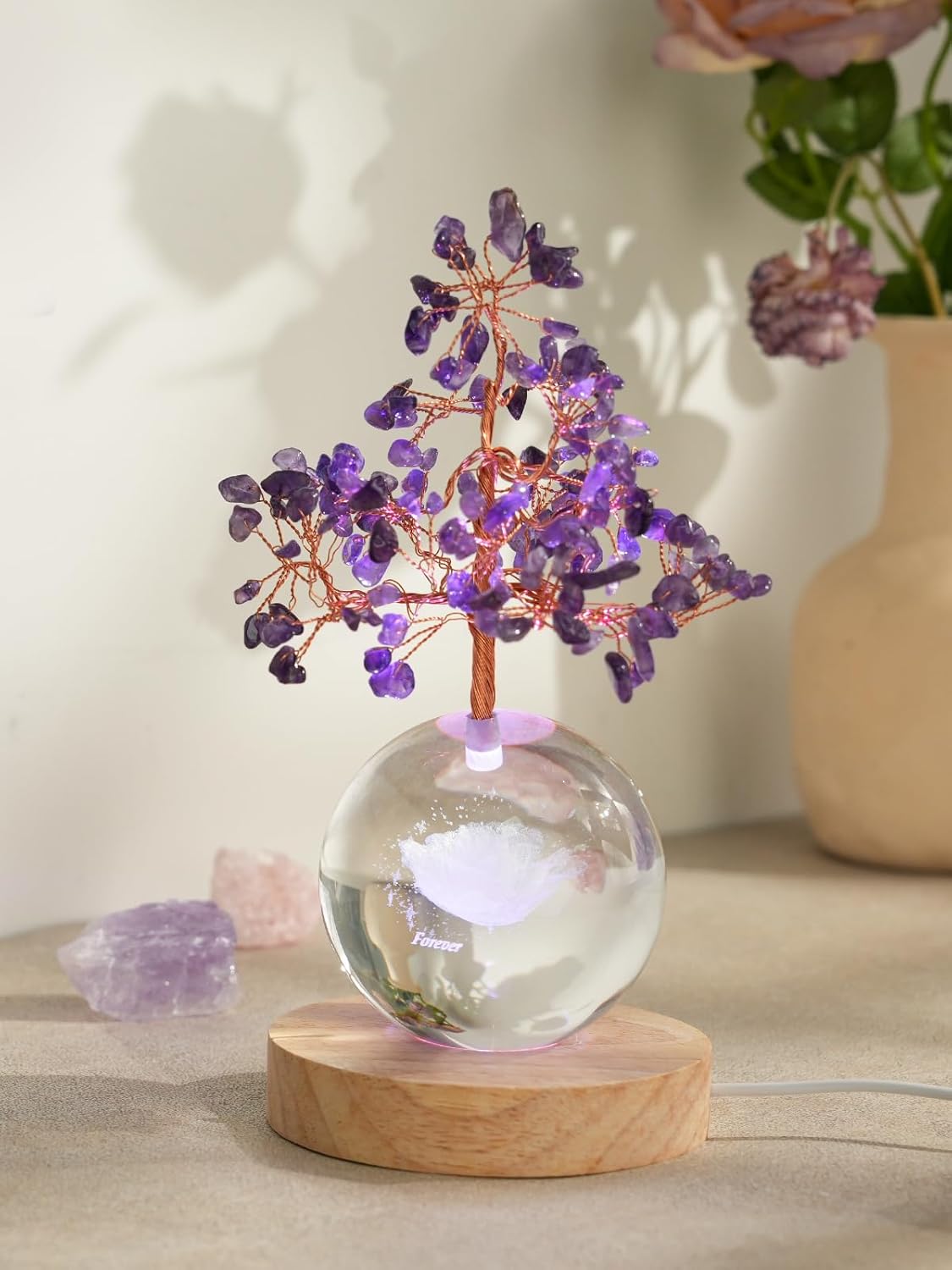 Amethyst Crystal Tree of Life for Positive Energy, Chakra Healing Tree with Remote Control Multicolor Night Light for Home, Office, Desk Decor, Purple Gift for Women, Girls (Rose)