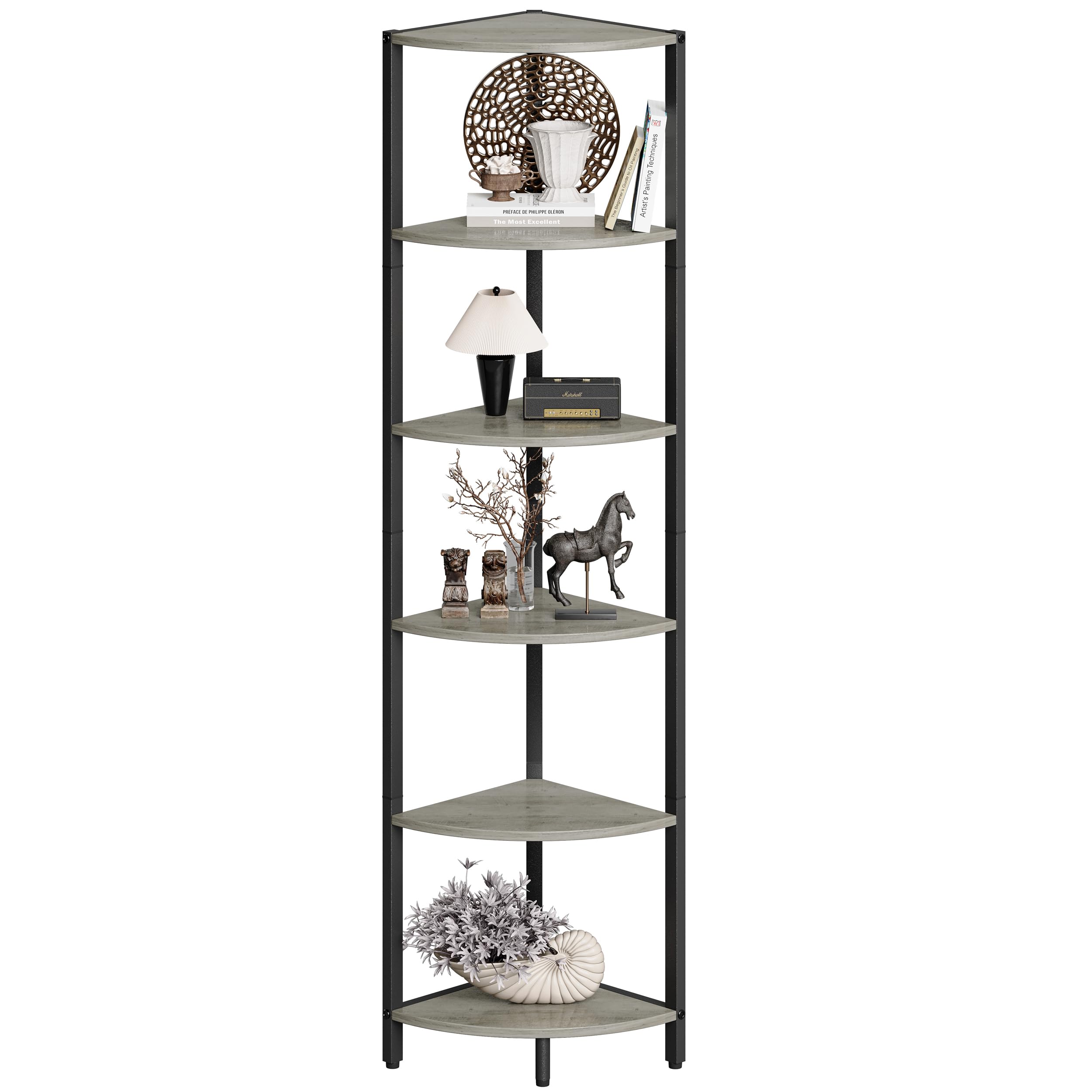 6 Tier Corner Shelf 63.1" Tall Corner Shelves Stand Ladder Shelf Metal Standing Bookshelf Organizer Display Rack Bookcase Plant Stand Industrial Rustic for Living Room Bedroom Oak CS-001GR