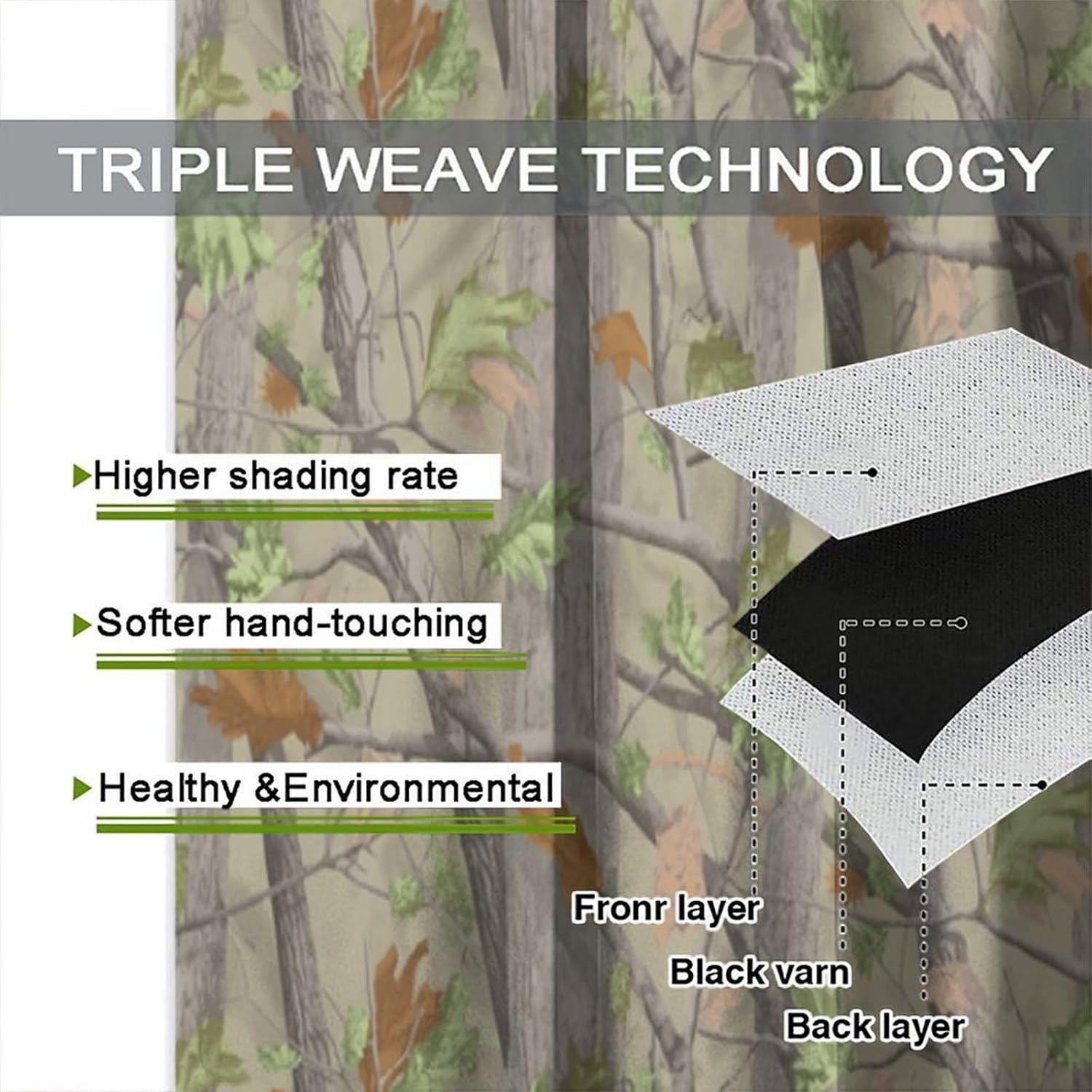 Camouflage Forest Curtain, Forest Green Camouflage Design Pattern Printed Rod Pocket Blackout Window Treatments,for Bedroom Living Room 55" W X 63" L