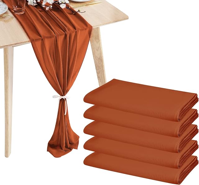 5 Pcs Chiffon Table Runner 10Ft -28x120 Inches Terracotta Sheer Chiffon Table Runner Chiffon Romantic Wedding Runner Overlays for Wedding Decor Birthday Party Bridal Baby Shower Table Decoration