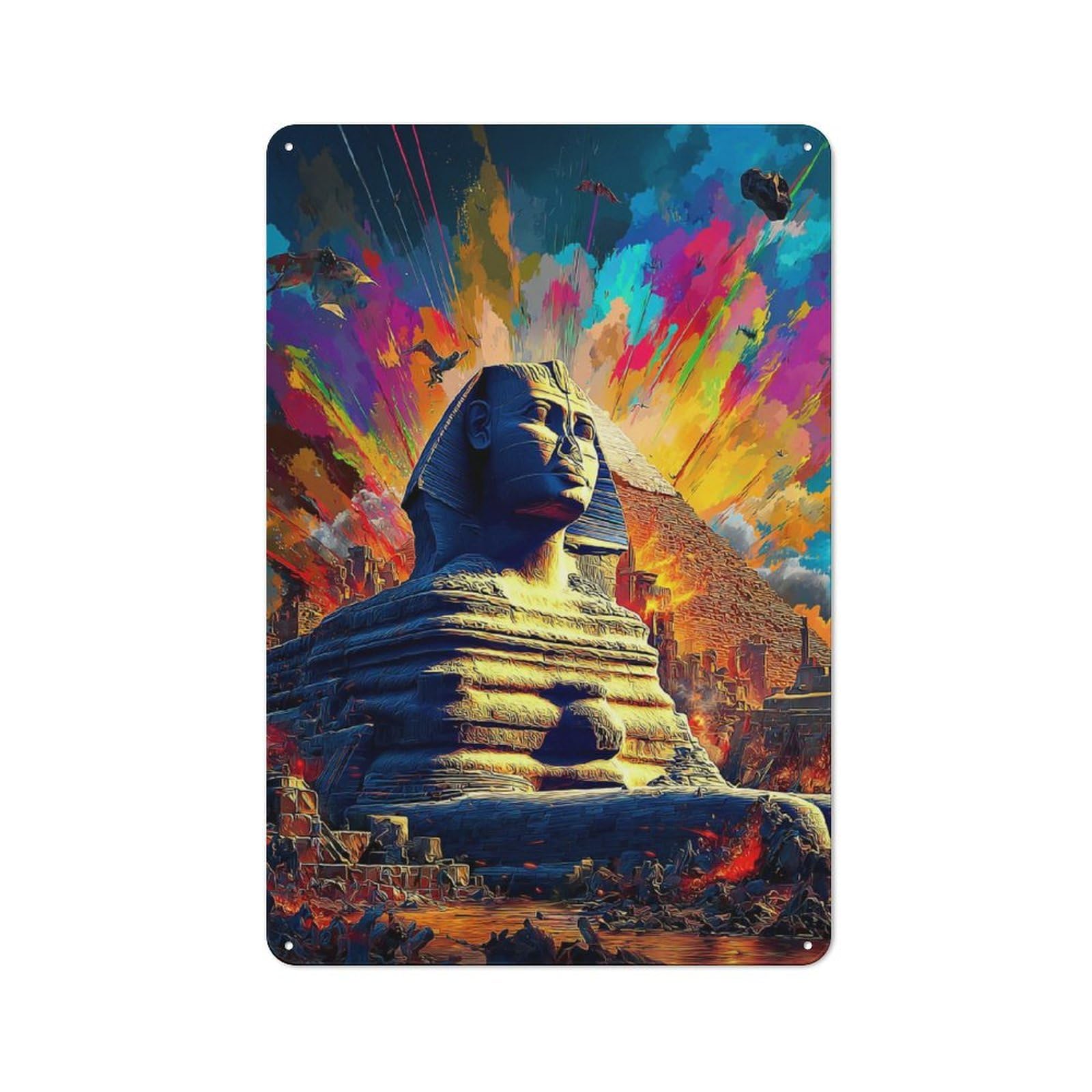 Junmoney Colorful Egyptian Sphinx Painting Rustic Metal Wall Decor 30X20cm, Decorative Tin Sign For Farmhouse Kitchen, Pantry Or Dining Area