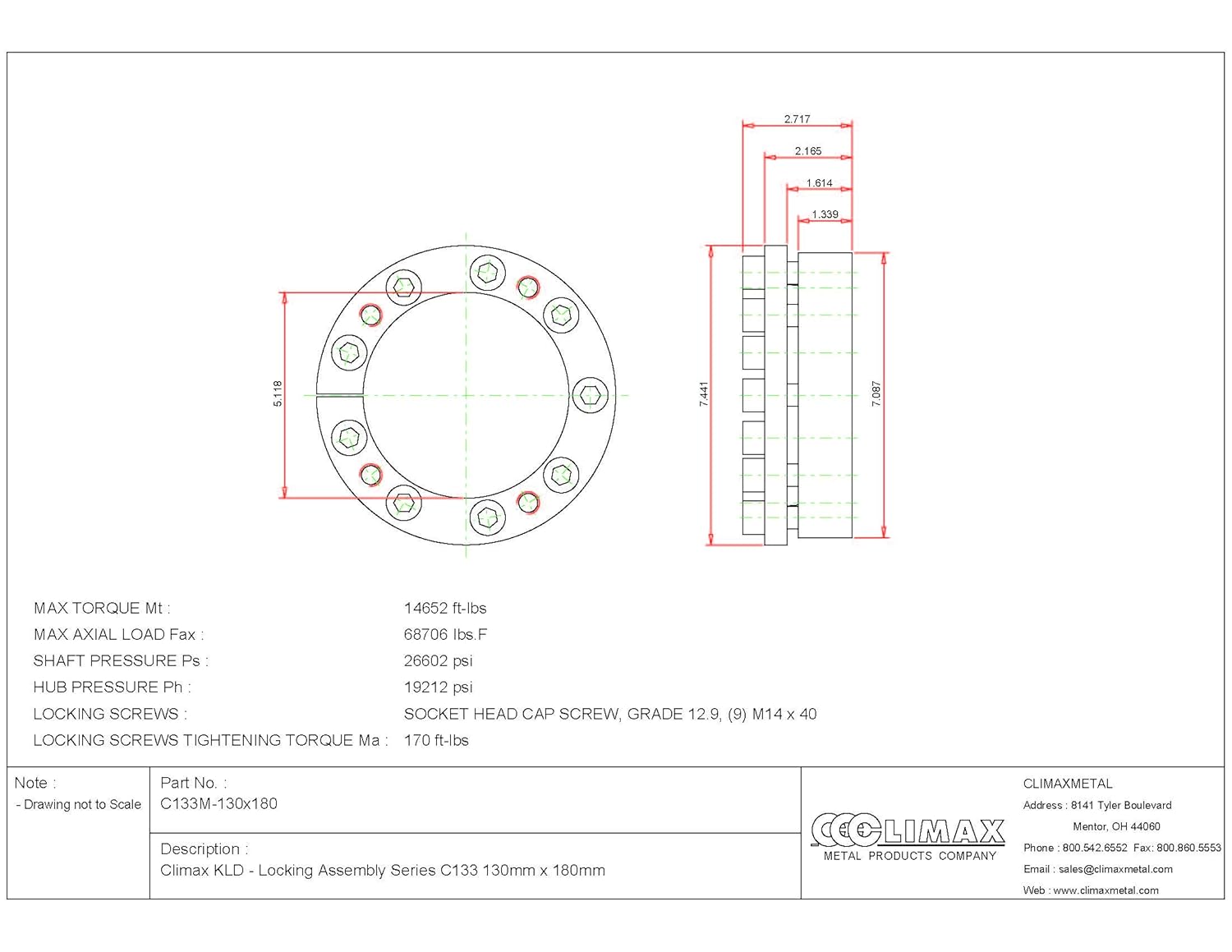 C133M-130X180 Series 133 Locking Assembly, Steel, 5.12" ID, 2.6" Width, 130 mm Shaft Diameter