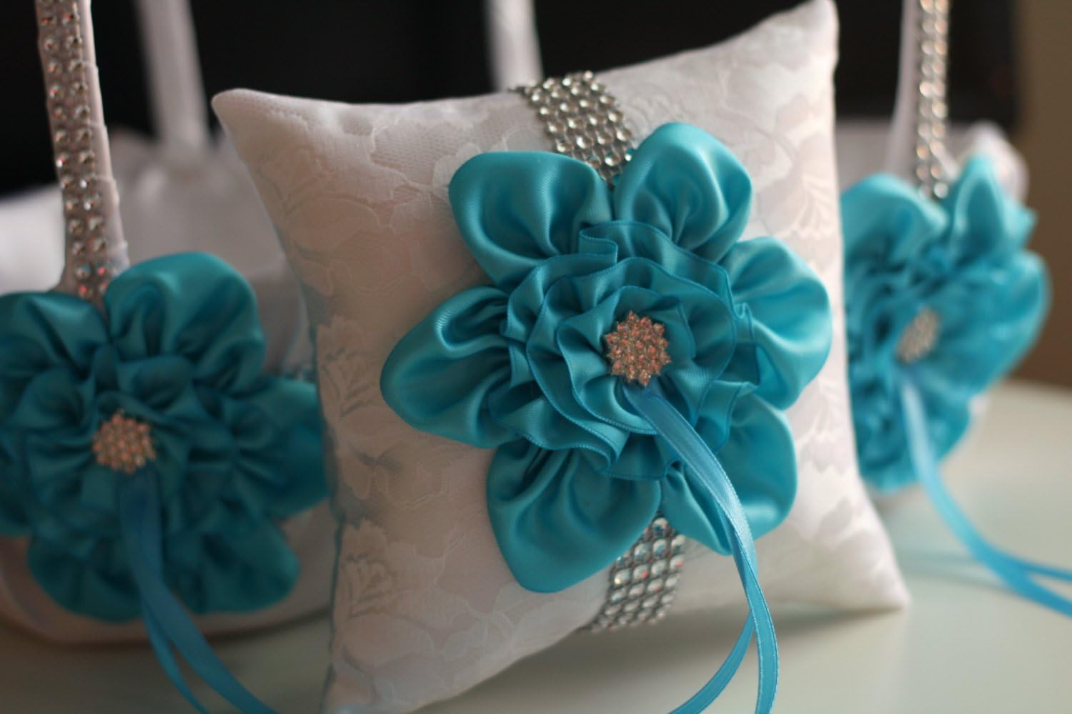 | Big Flower Collection | Turquoise White Ring Bearer Pillow & Wedding Flower Girl Basket Set
