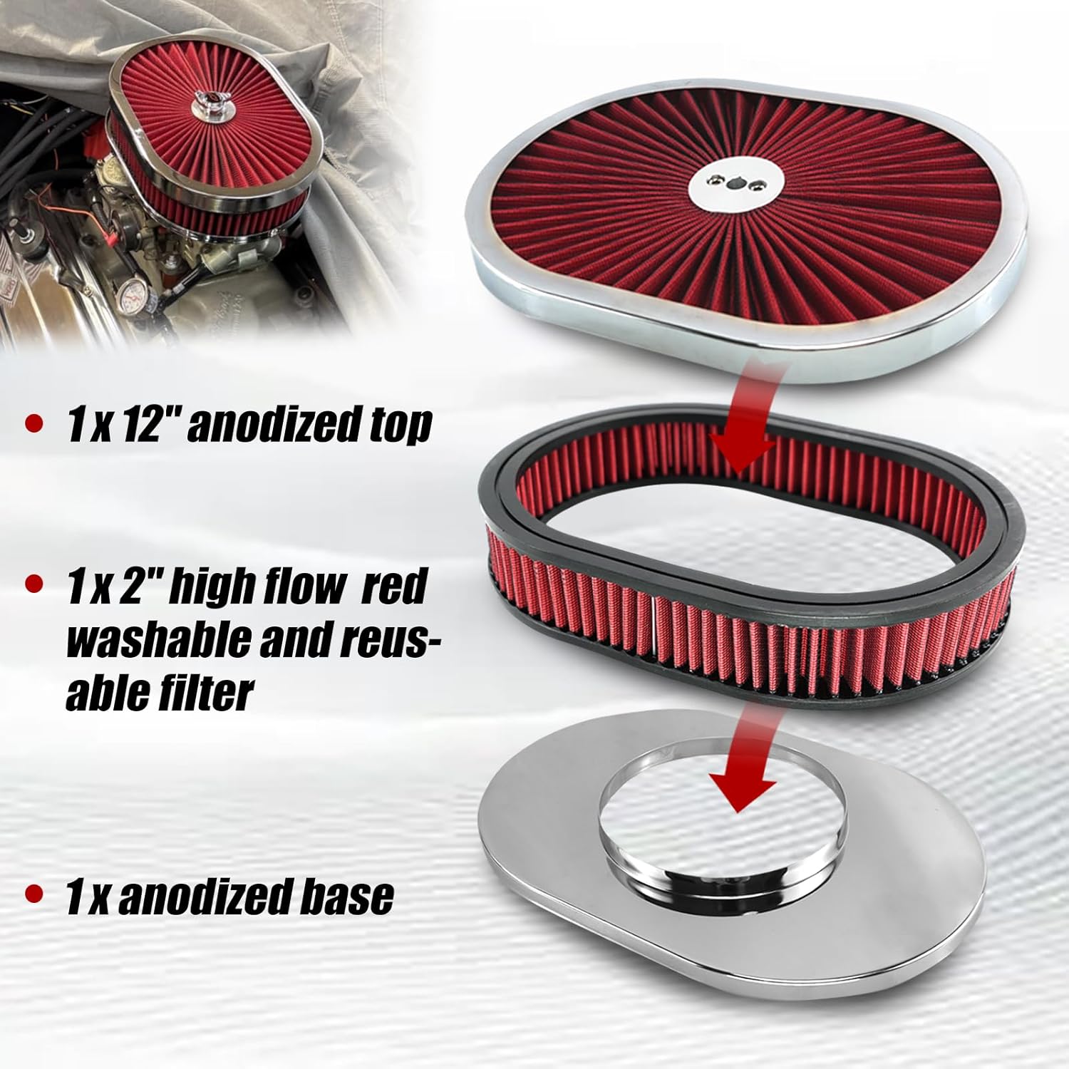 RYANSTAR RACING 12" x 2" Oval Air Filter Assembly Kit Includes Flow-Thru Lid Washable Air Filter Element Compatible with Chevy Ford GMC Red