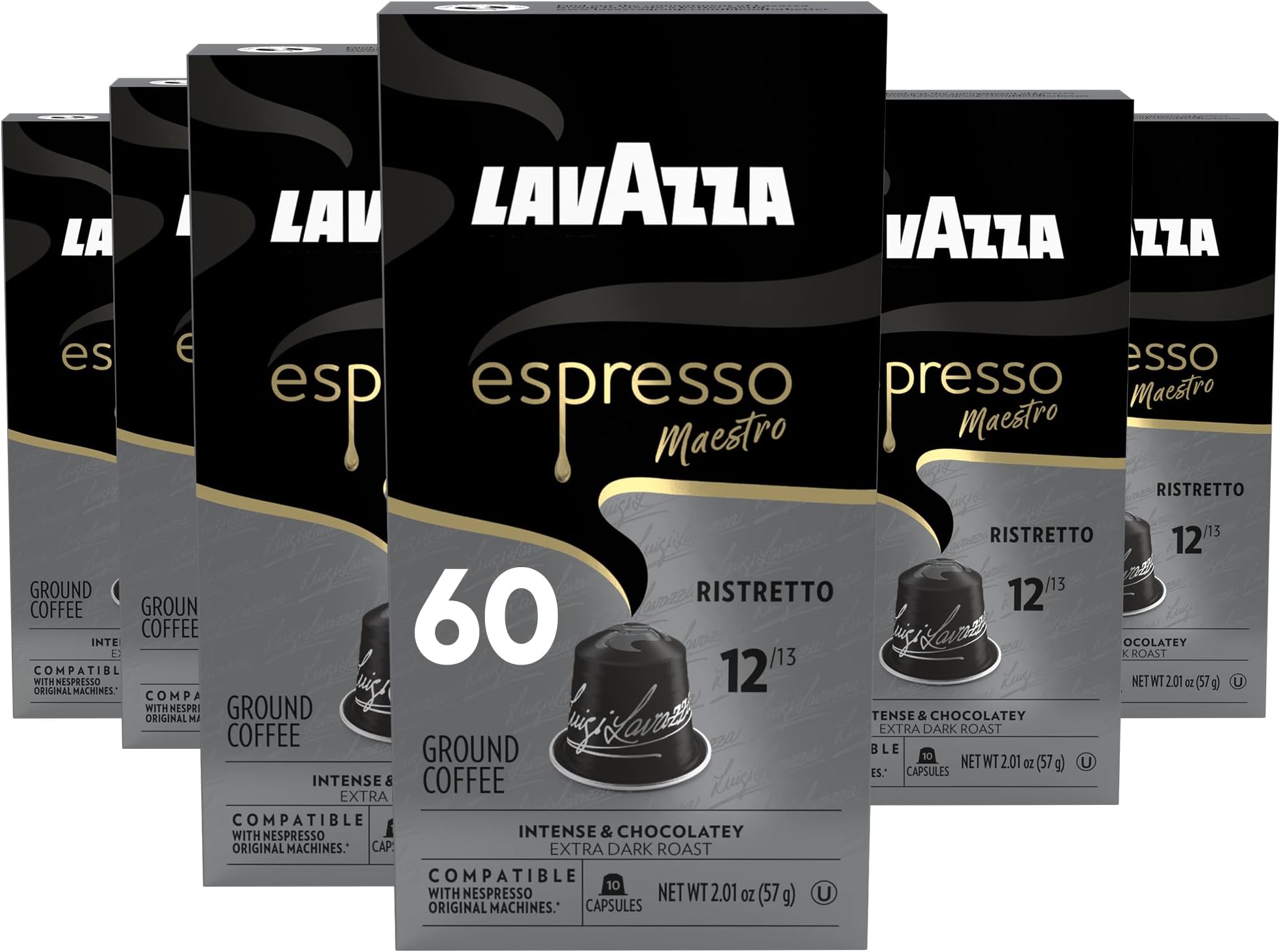 Lavazza Espresso Ristretto Dark Roast Arabica & Robusta Aluminium Capsules Compatible with Nespresso Original Machines (Pack of 60) Value Pack, Intense and Full Bodied, Dark Crema, Intensity 12