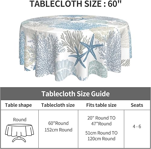 Miniatura 5 de Mantel náutico costero redondo de 60 pulgadas para verano playa estrella de mar coral estampado de conchas marinas mantel decorativo con tela