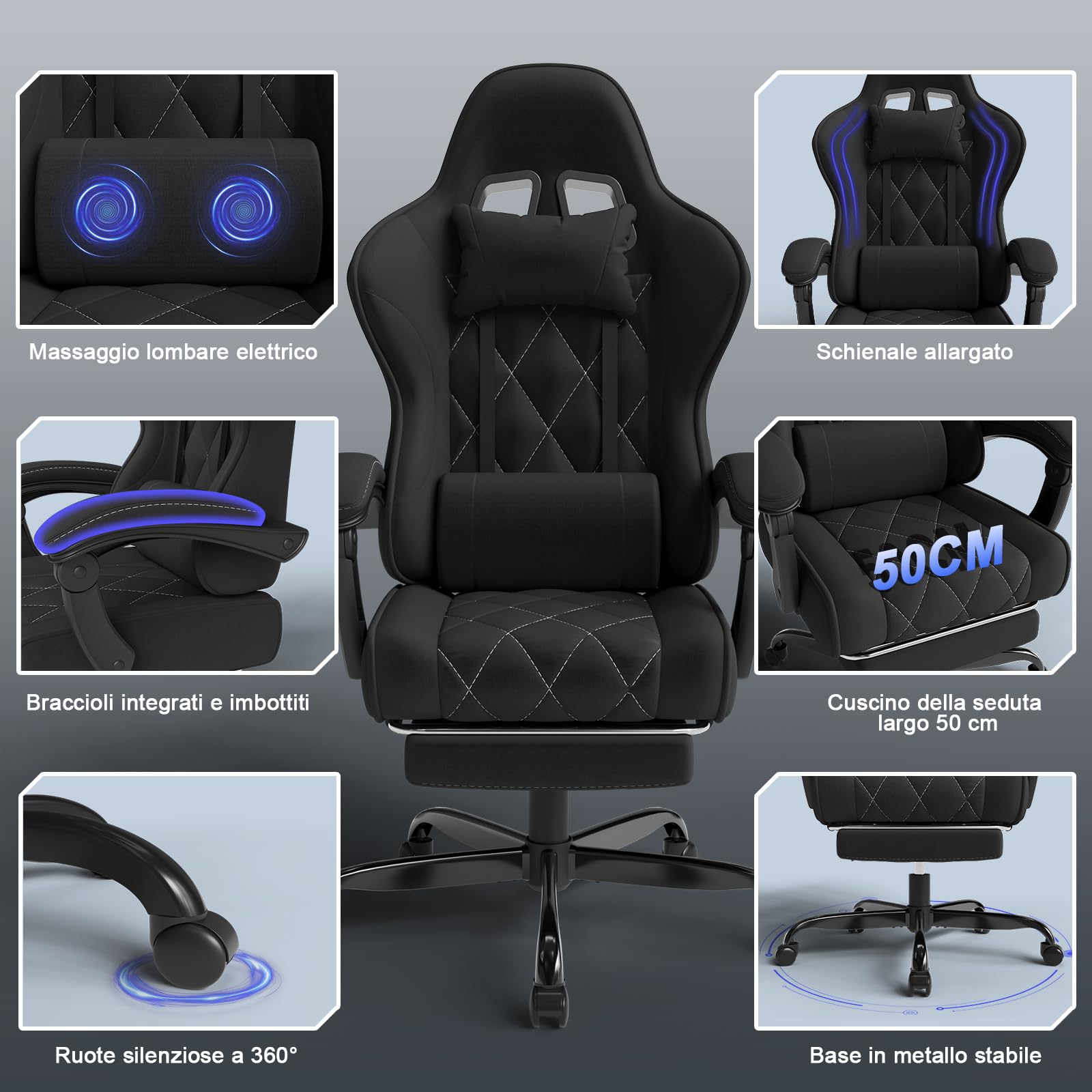 Devoko Sedia da Gaming in tessuto, Sedie Ufficio Ergonomica, Sedia Massaggiante con braccioli, Poltrona con cuscini imbottiti a molle, con ruote, braccioli, 360°girevole, Regolabile in altezza, Nera