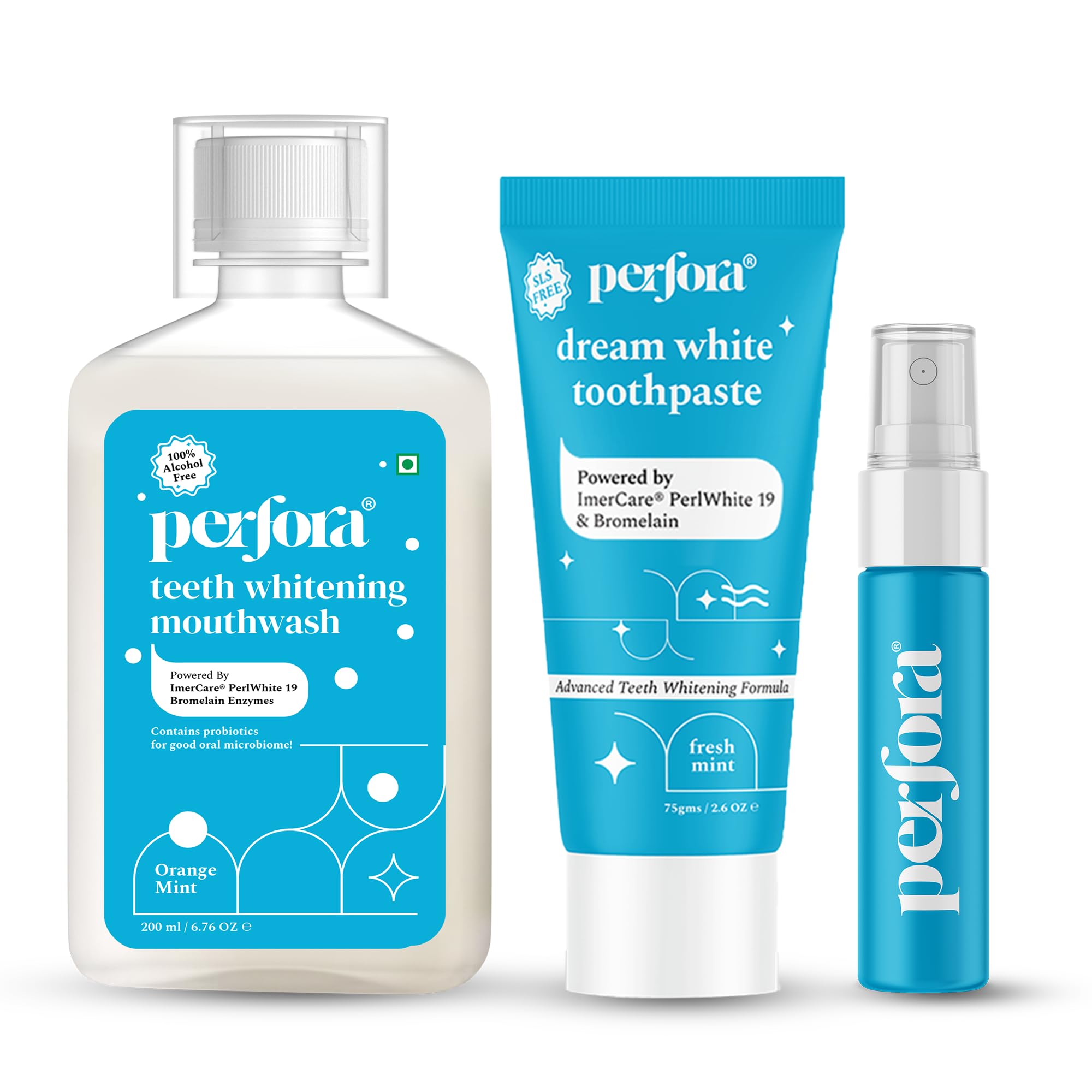 Perfora Complete Oral Care Teeth Whitening Kit | Enamel Safe & Effective Teeth Whitener Solution | SLS Free Tooth Paste | Alcohol-Free Mouthwash | Ultra Mint Mouth Spray Instant Fresh Breath Pack of 3