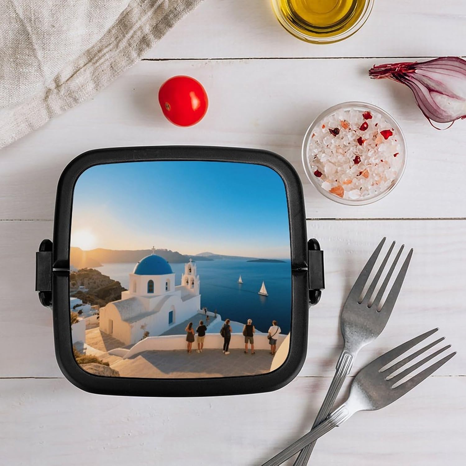 Blue-domed Churches Bento Box Double Layer Lunch Box for Adults with Spoon And Handle Bento Boxes Leakproof One-piece Stackable Lunchbox for Work Picnics And Travel