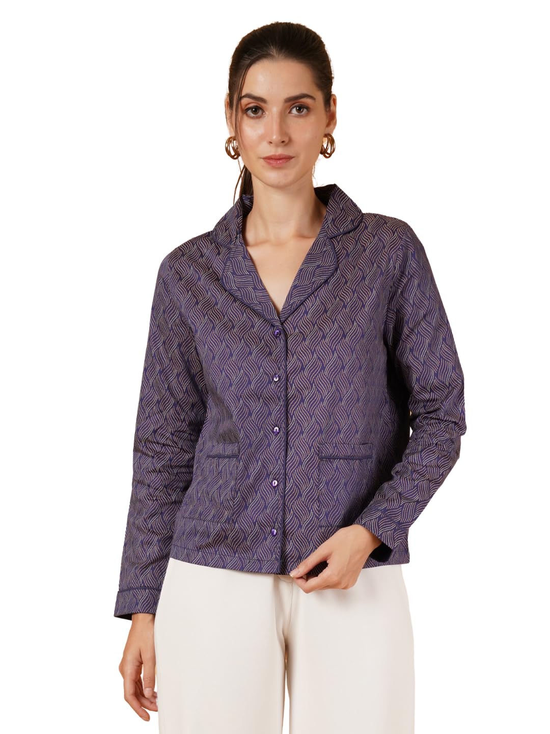 9 impression Women's Navy Blue & Gold Printed Blazer with Pocket-picture-39