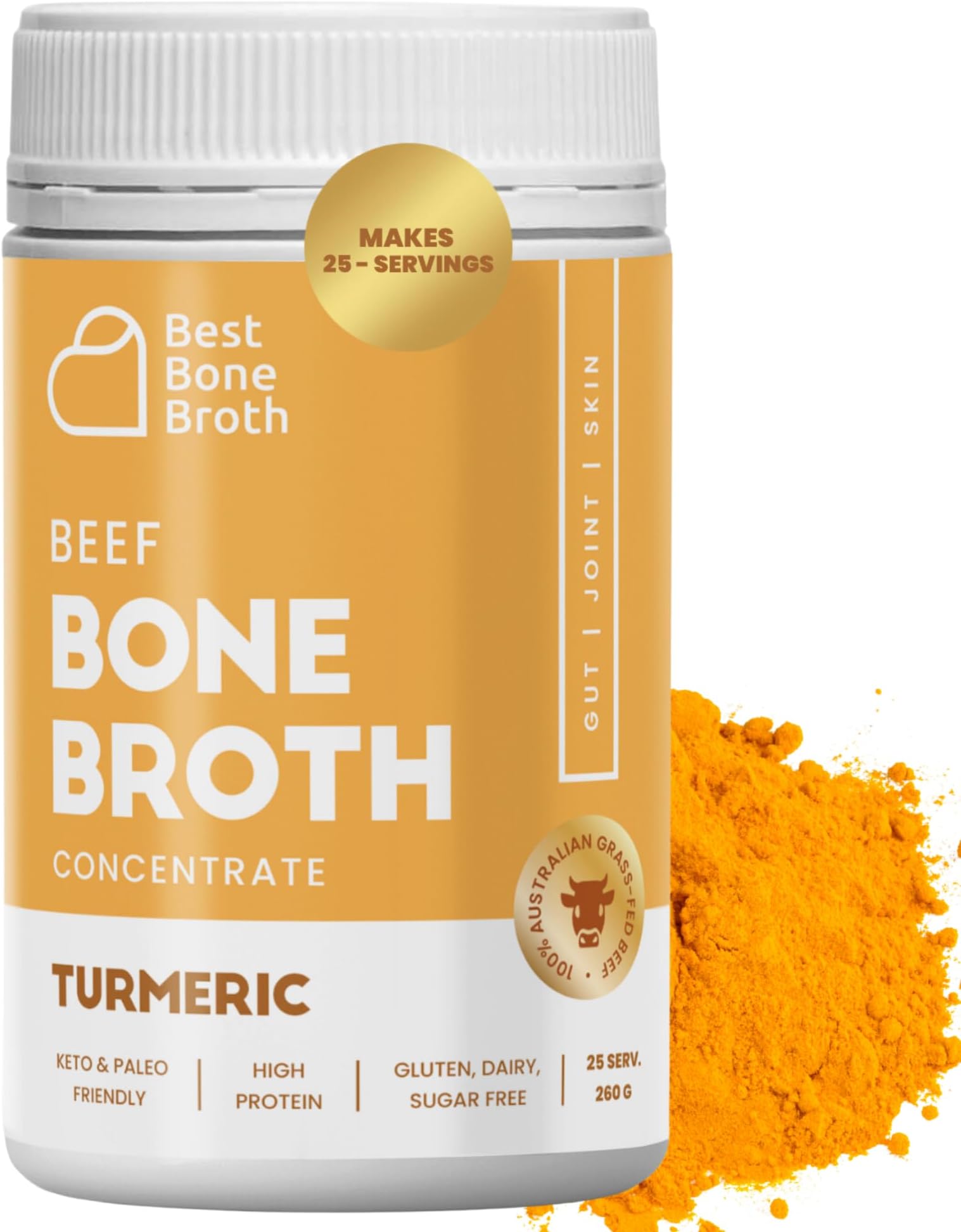 Best Bone Broth Premium Beef Bone Broth Concentrate Turmeric Flavour | supports joints, skin & gut | No Hormones or Additives | Delicious Natural Flavour | Sourced from AU & NZ Beef - 25 Servings